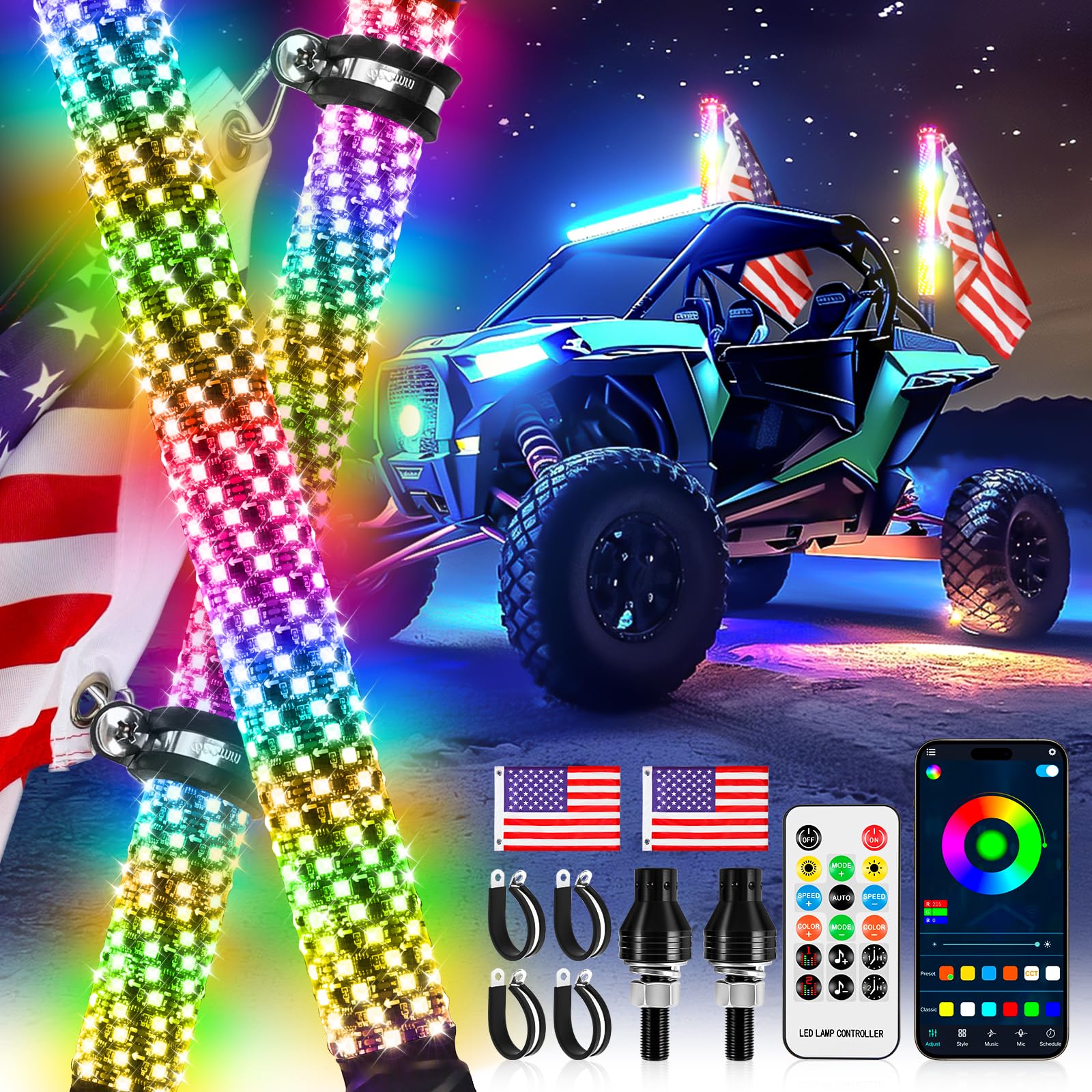 2Pcs 3FT Fat Spiral RGB LED Whip Lights for UTV ATV Truck with Wireless Remote & APP Control - Waterproof Off-Road Light Bars for Polaris RZR, Can-Am, Dune Buggy - Perfect for Night Riding, Camping & Off-Road Adventures