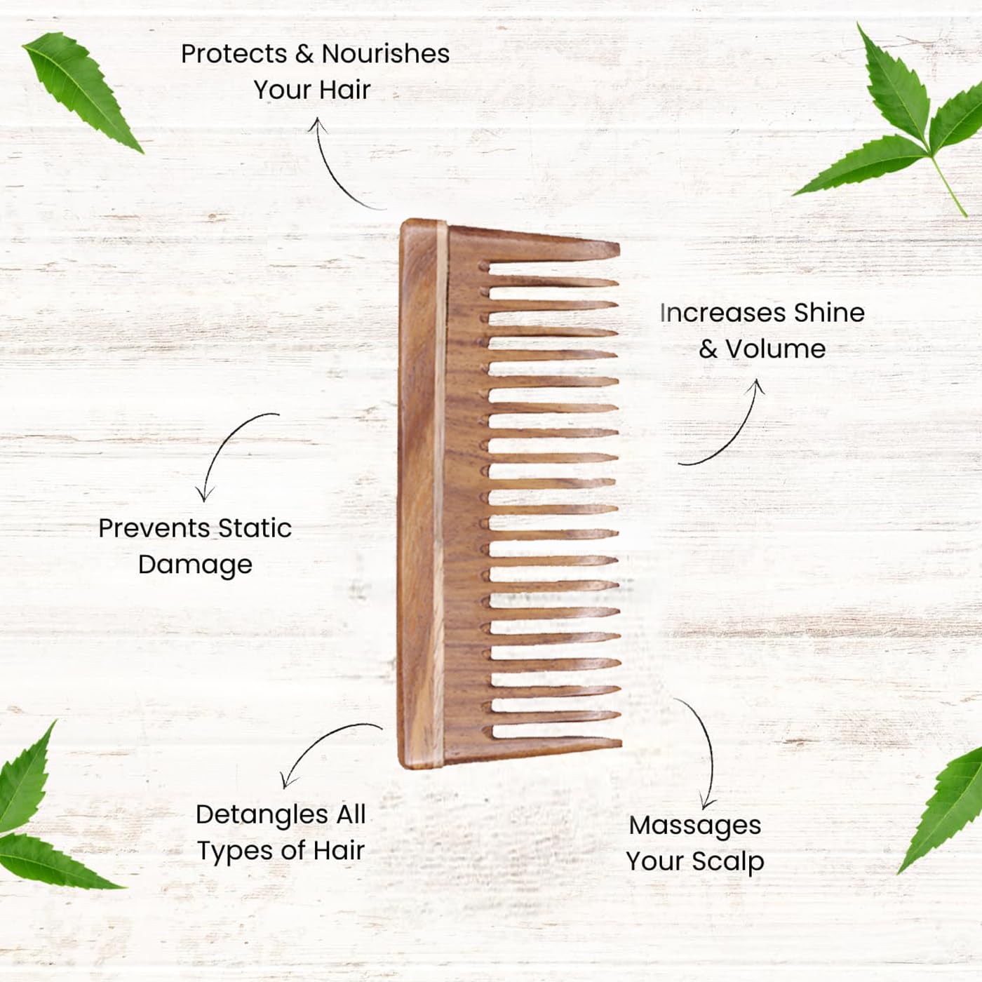 Original Kabello Neem Wooden Hair Comb for Hair Fall Control - Natural Brown Anti-Static Comb for Detangling & Scalp Massage (Pack of 1) | Perfect for Daily Hair Care & Travel Essentials