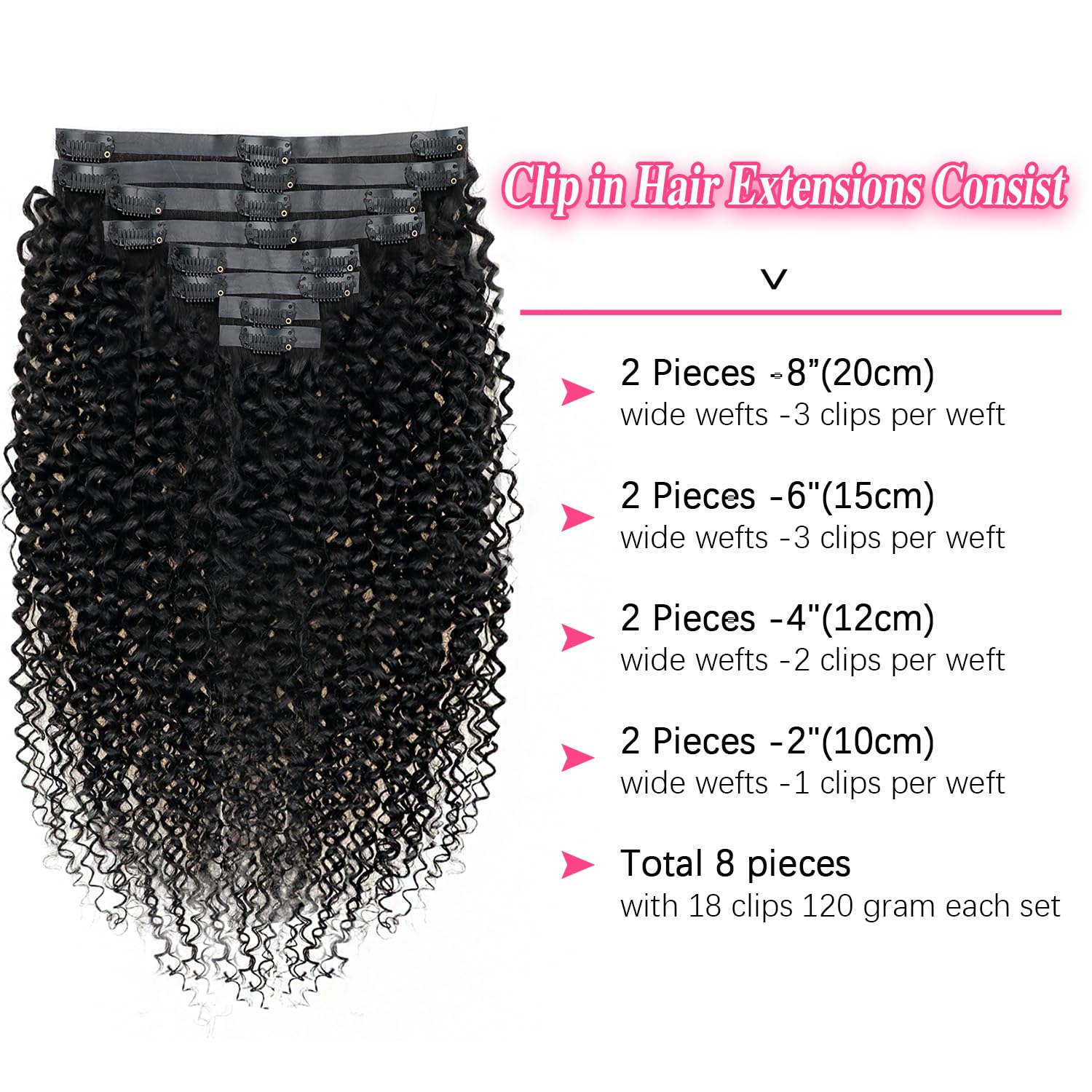 Seamless Clip-In Human Hair Extensions - Invisible PU Kinky Curly 8pcs Set with 18 Clips (120g, 26inch, Natural Black) for Volume & Length | Perfect for Parties, Weddings & Daily Styling