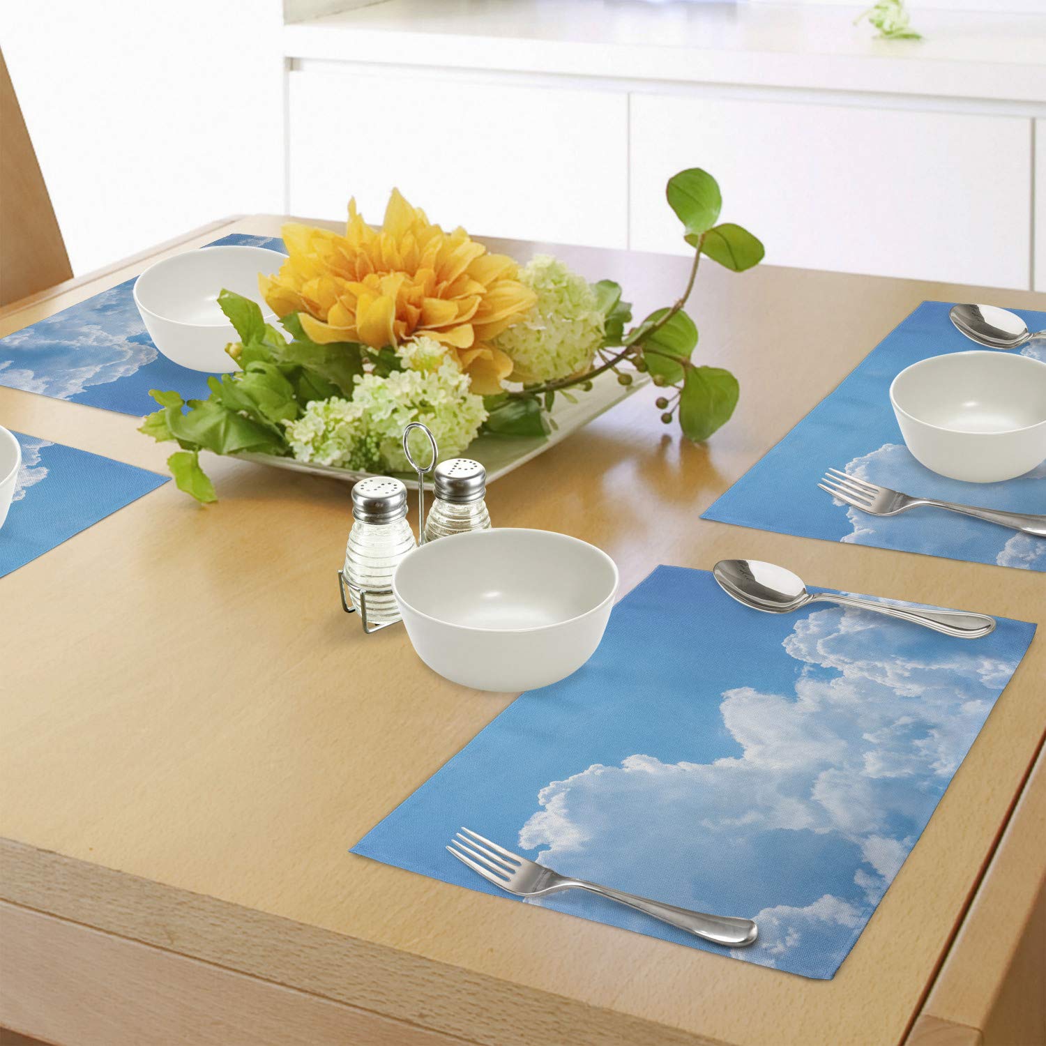 Ambesonne 4-Piece Cloud Design Placemats Set - Sky Blue & White Washable Fabric Dining Mats for Kitchen Table Decor | Perfect for Home, Restaurant, and Outdoor Picnic Use