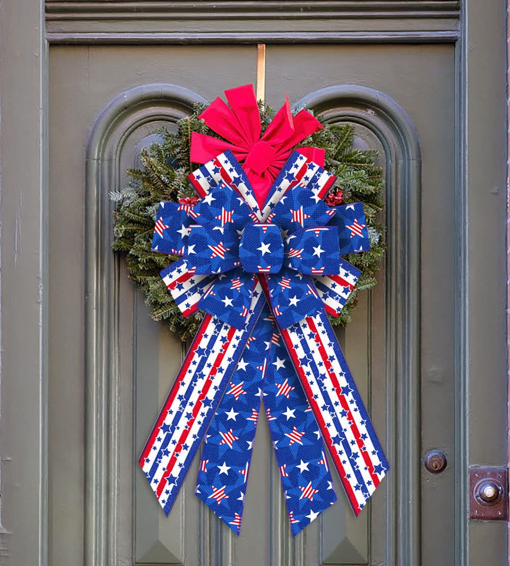 4th of July Wreath Bows - Patriotic Red Blue Star Decor for Door & Tree