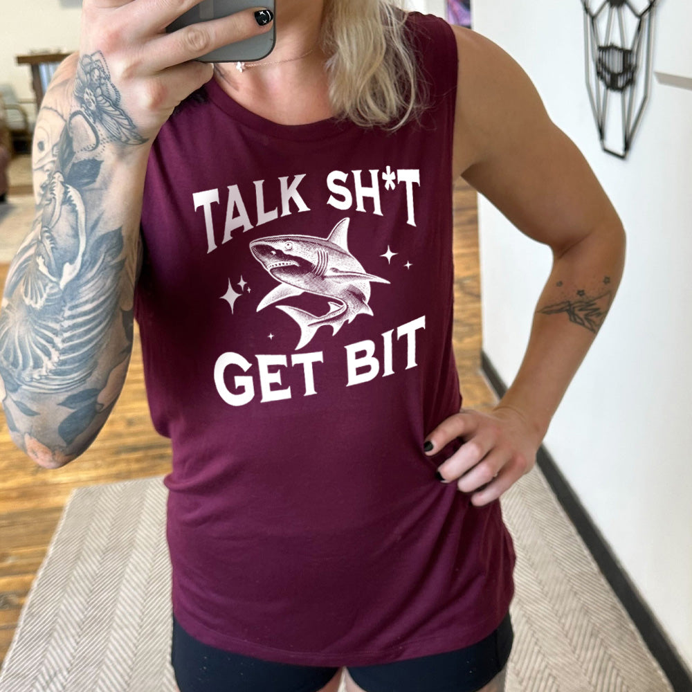 Talk Shit Get Bit Muscle Tank Top - Sleeveless Workout Shirt for Gym, Running & Fitness - Funny Sarcastic Graphic Tee for Women & Men