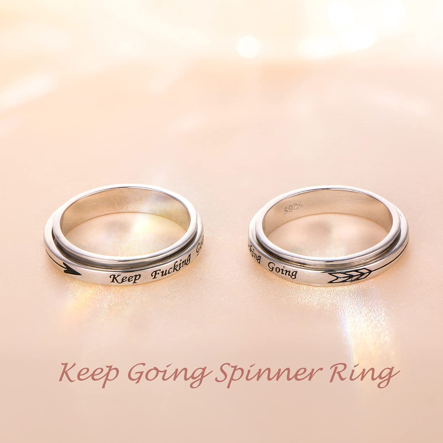 Spinner Ring 925 Silver for Anxiety Relief - ADHD Autism Stress Ring for Men & Women - Keep Going Inspirational Band