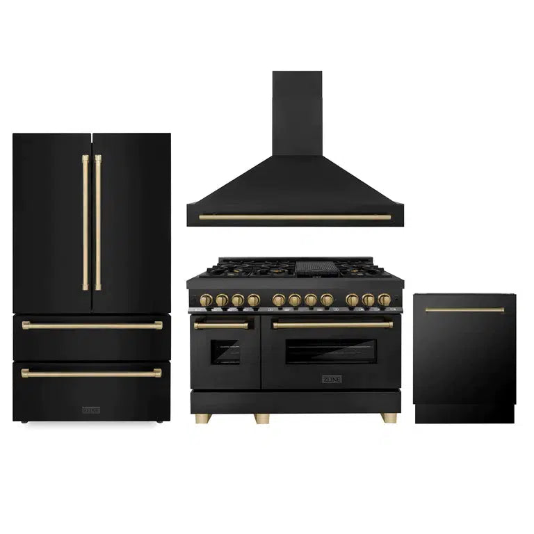 ZLINE Autograph Edition 48-inch Black Stainless Steel Kitchen Package - Dual Fuel Range, Range Hood, Dishwasher & Champagne Bronze Refrigerator | Premium Kitchen Appliances for Modern Homes & Professional Chefs