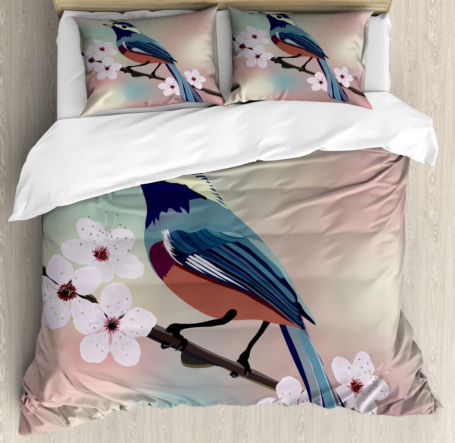 Ambesonne Almond Blossom Duvet Cover Set - King Size 3-Piece Bedding with 2 Pillow Shams, Japanese Sakura Tree & Sparrow Design, Multicolor Floral Pattern - Perfect for Spring Bedroom Decor & Asian-Inspired Home Styling