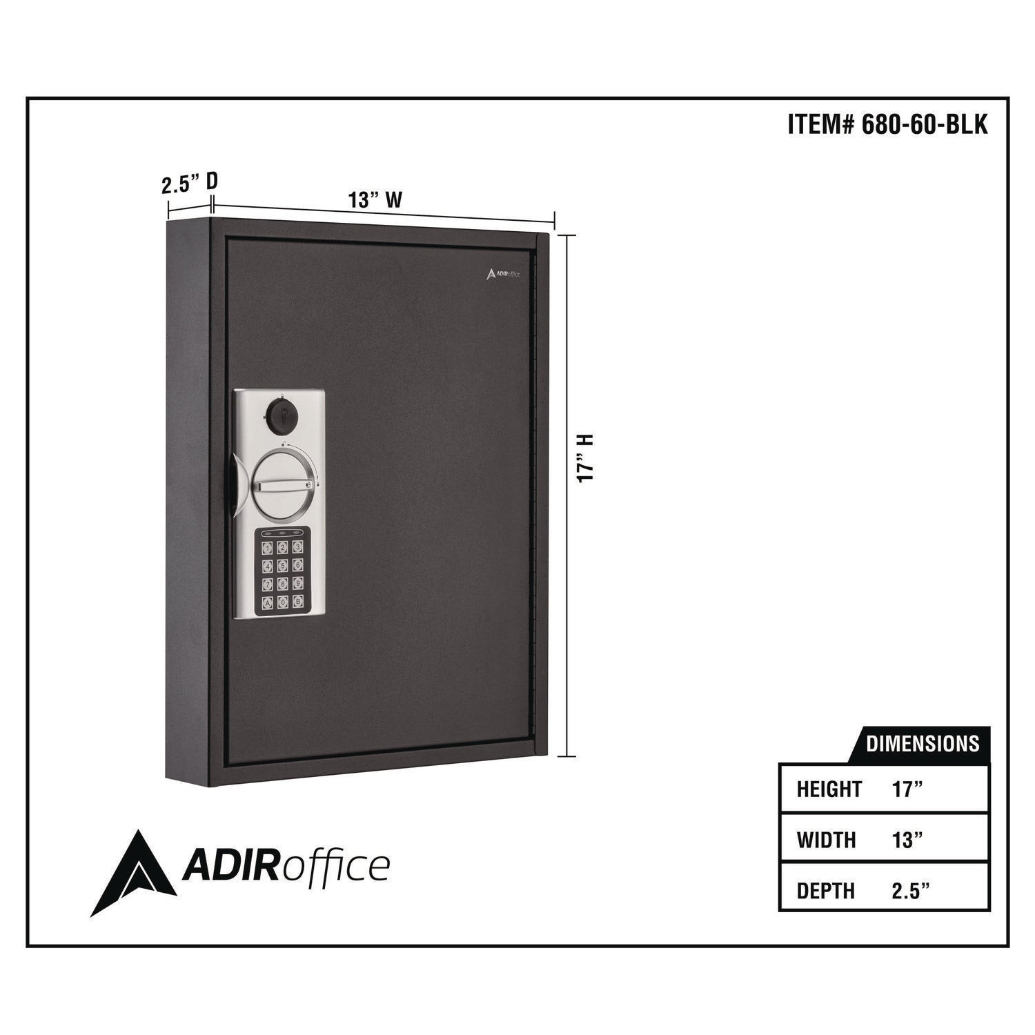 AdirOffice Steel Digital Lock Key Cabinet - 60 Key Capacity, 13