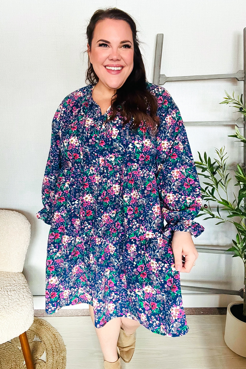 Joyful Navy Floral Bow Tie Babydoll Long Ruffle Sleeve Dress for Women - Elegant Party, Wedding Guest & Special Occasion Outfit