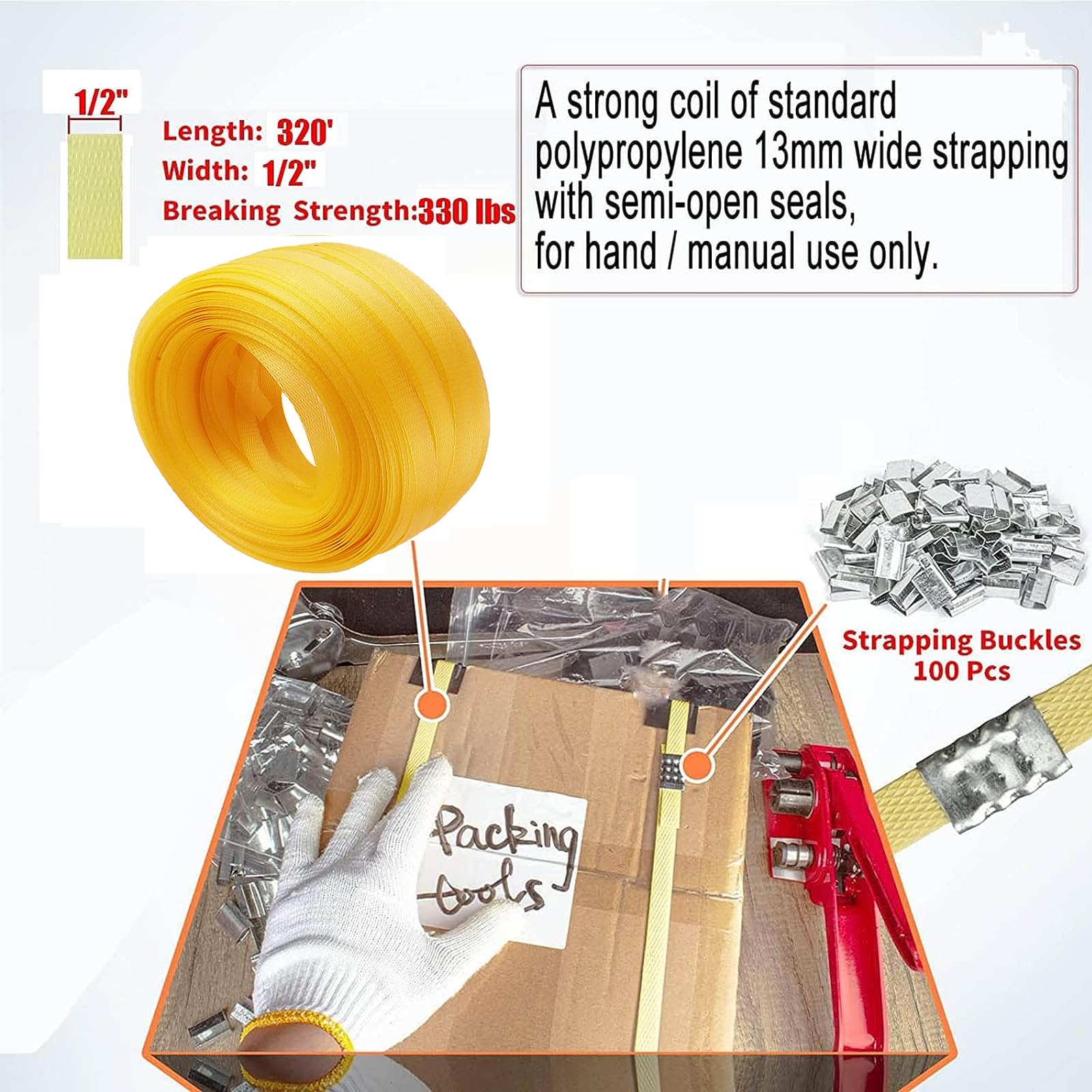 Heavy Duty Plastic Strapping Kit - Manual Packaging Tool for Secure Banding & Bundling | Poly Strap Kit for Shipping, Moving & Storage | Durable Strapping Solution for Boxes, Pallets & Industrial Use