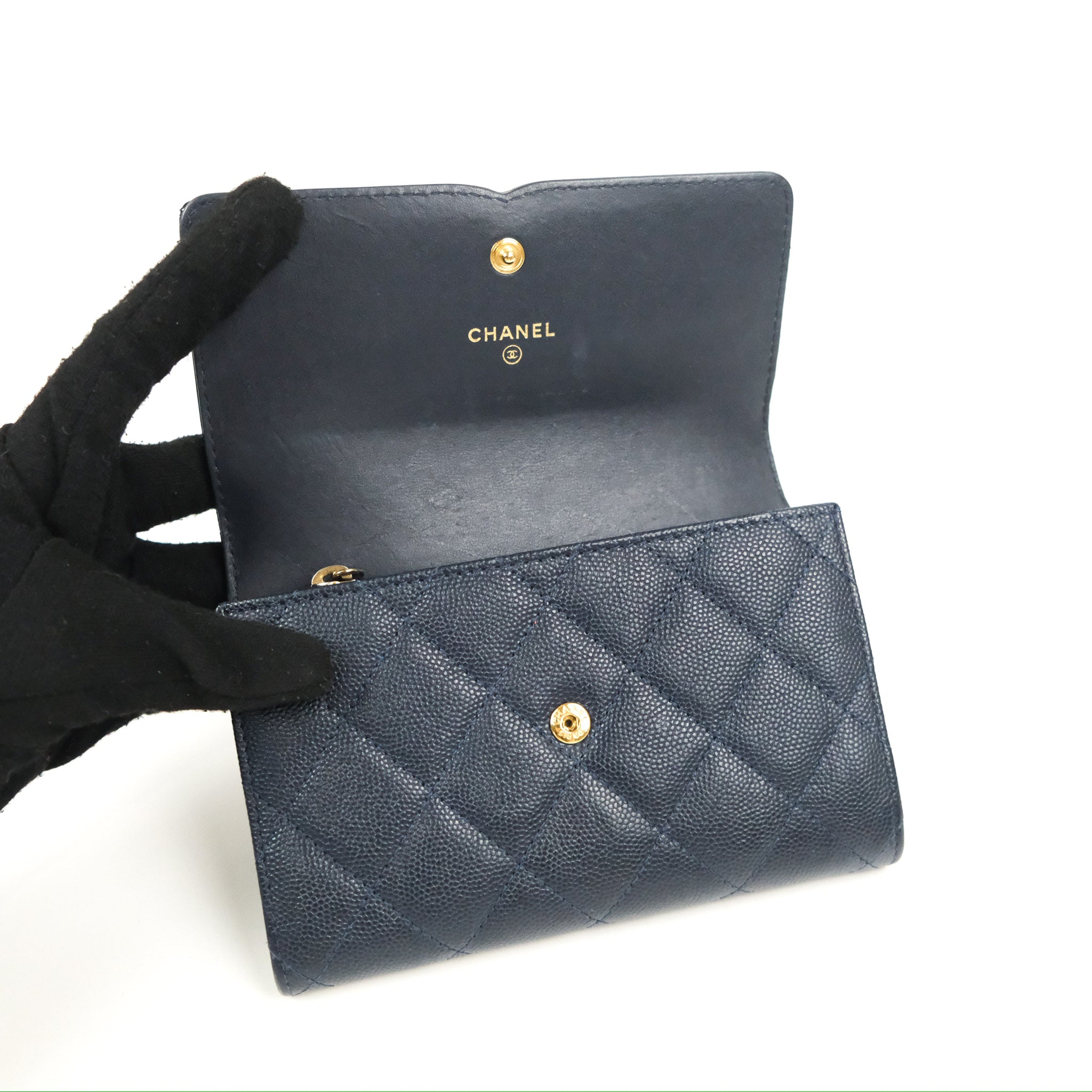 Chanel CC Filigree Small Flap Wallet in Navy Caviar Leather with Gold Hardware - Luxury Women's Wallet for Everyday Use & Special Occasions