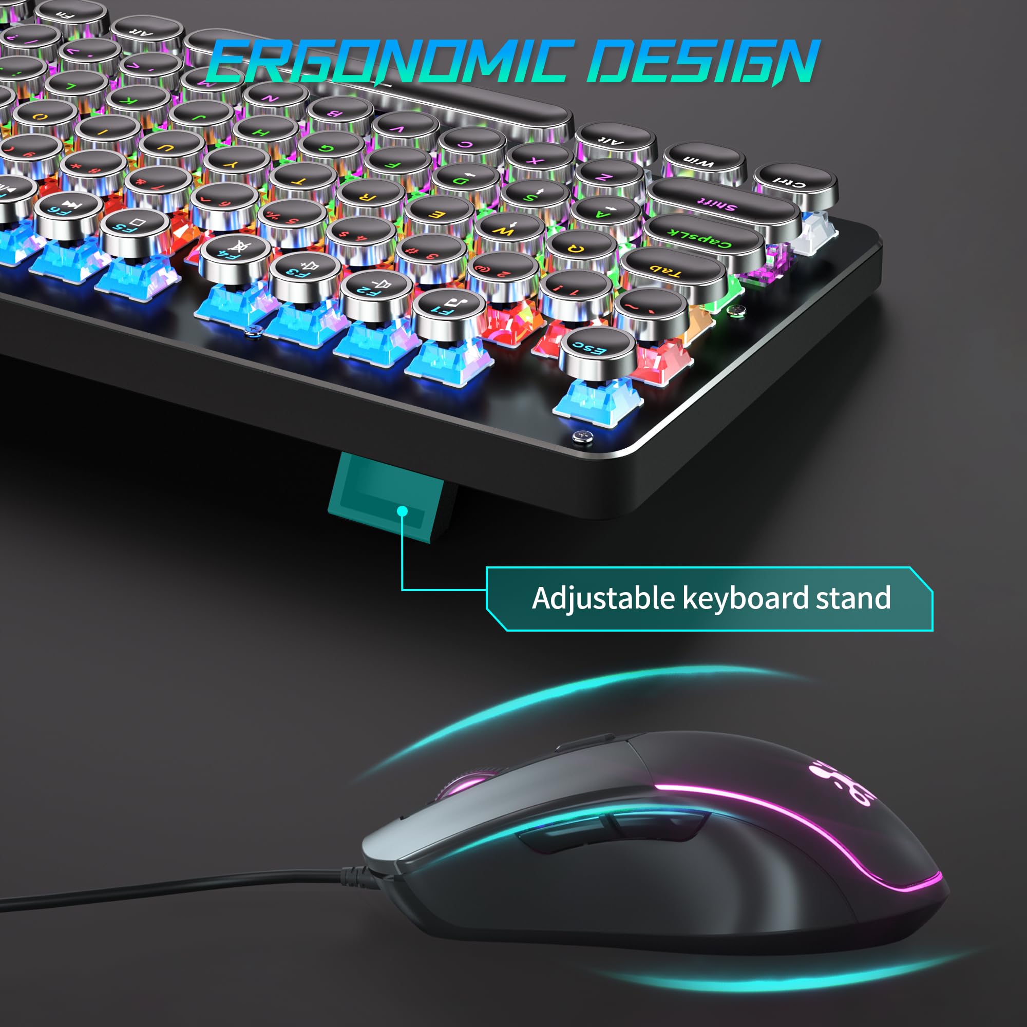 Retro Mechanical Gaming Keyboard and Mouse Combo - Blue Switch, RGB Backlit 104 Keys, Metal Panel, Round Keycaps for PC, Mac, Laptop | Perfect for Typing, Gaming & Office Work