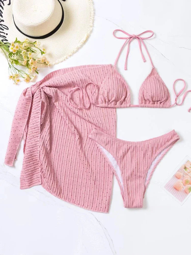 2023 New Women's 3-Piece Swimsuit Set - Sexy Thong Bikini with Sarong Skirt | White & Pink Beachwear for Pool, Vacation & Summer Fun