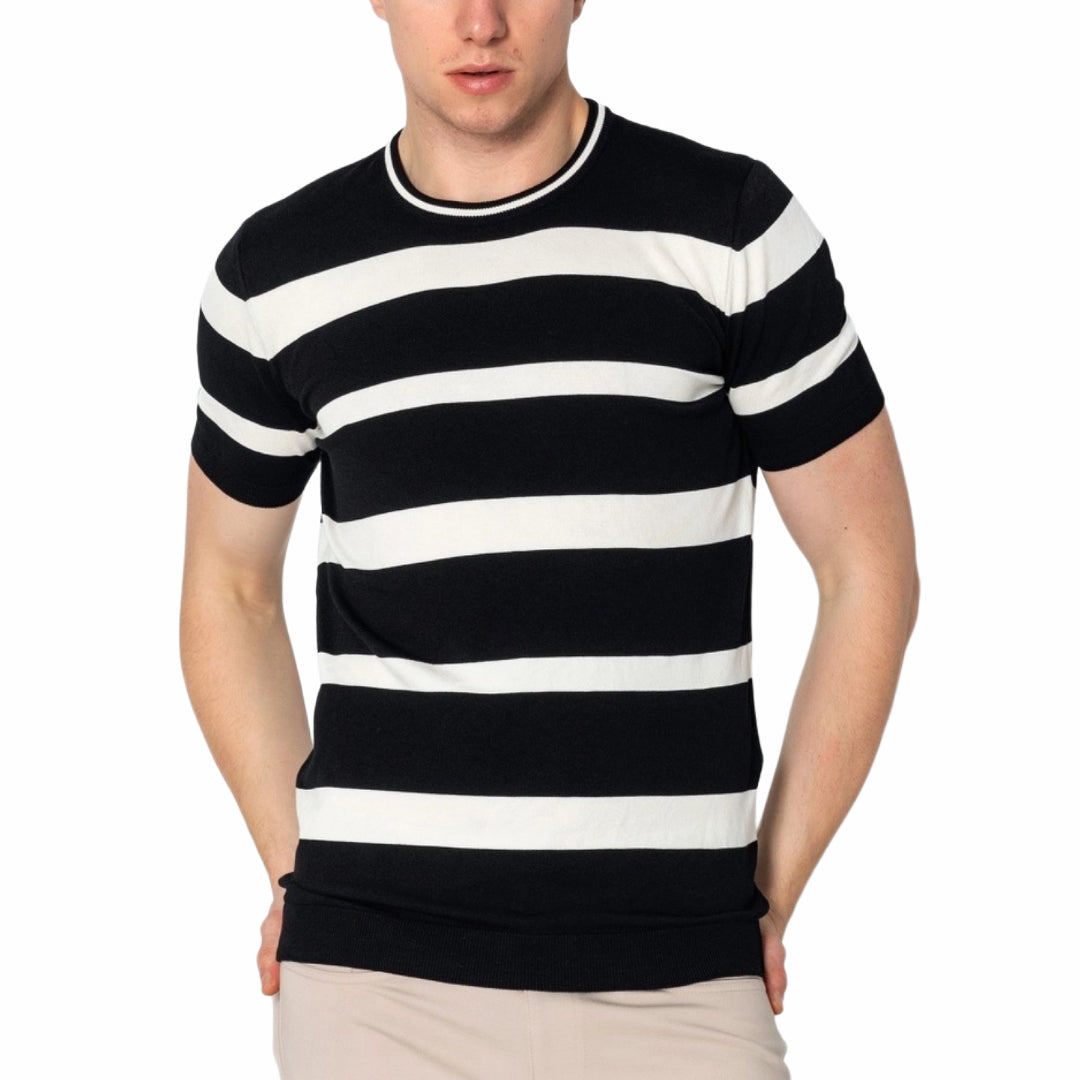 RNT23 Striped Knit T-Shirt for Men & Women - Soft Cotton Casual Tee - Black & White Striped Shirt for Everyday Wear, Outfits, and Layering
