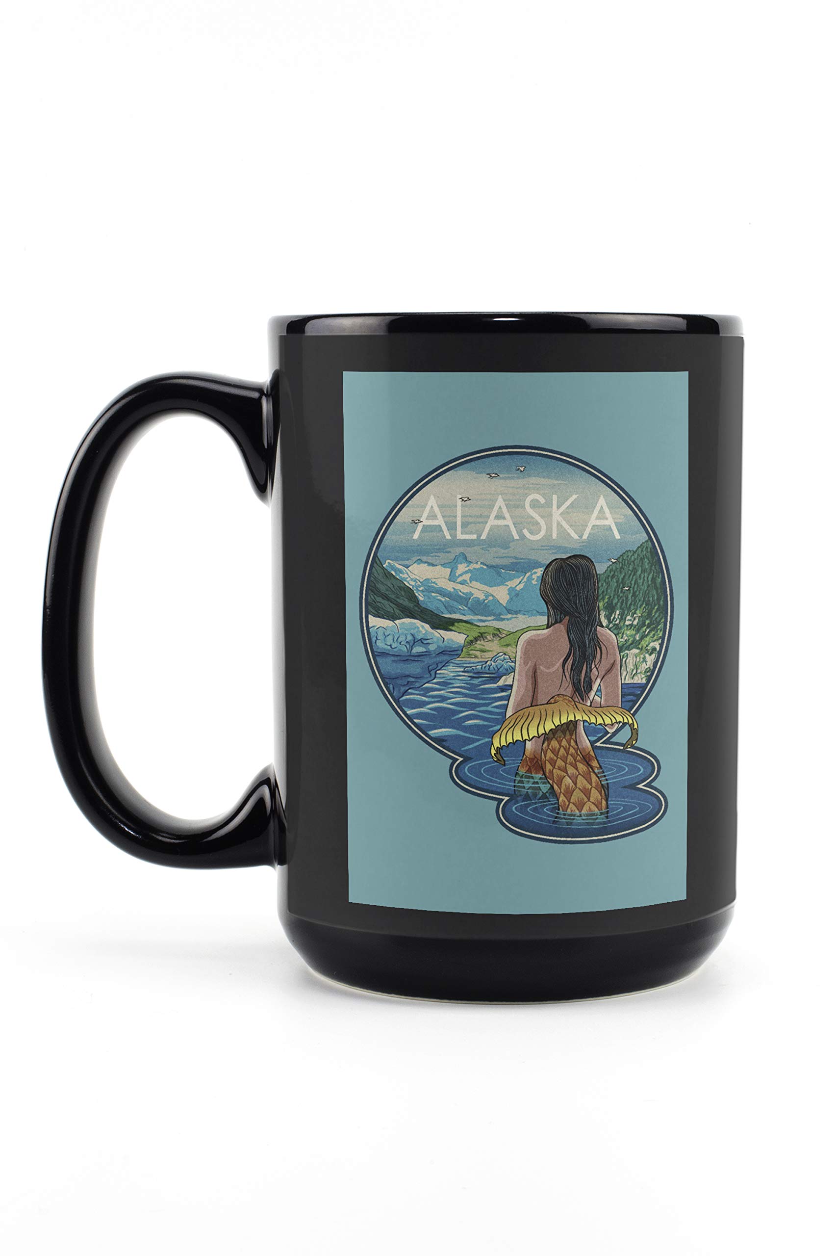 Lantern Press Alaska Mermaid & Glaciers Woodblock Print 15oz Black Ceramic Mug - Microwave & Dishwasher Safe Coffee & Tea Cup - Perfect for Home, Office & Camping Use