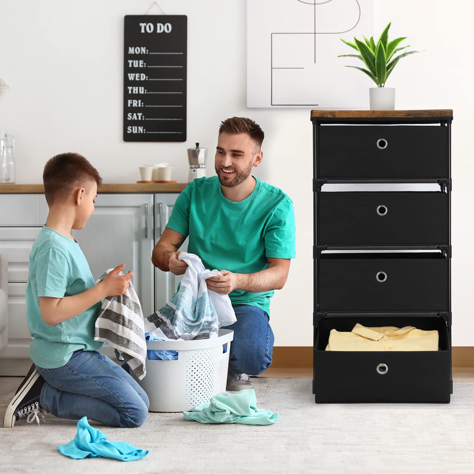 HAITRAL 4-Drawer Fabric Storage Chest - Closet Organizer for Bedroom, Dorm & Hallway (Black) - Space Saving Solution