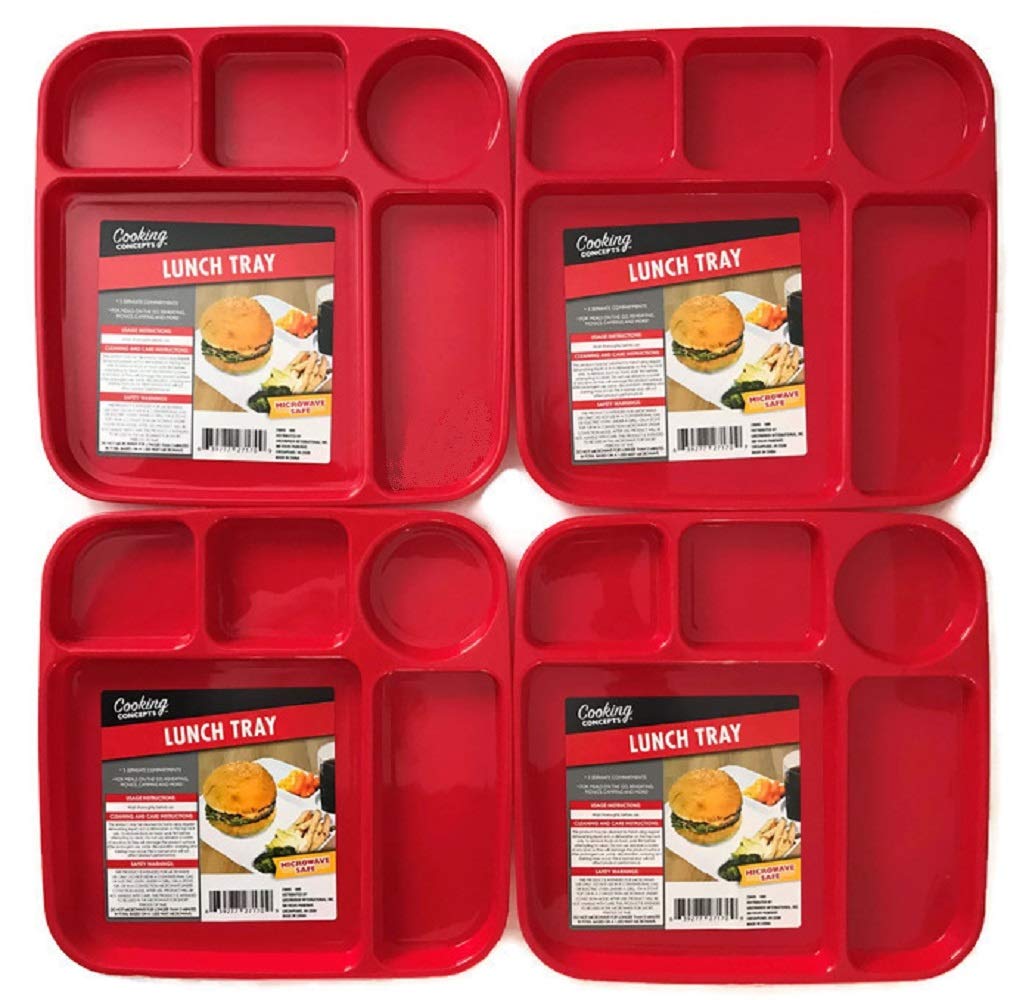 5-Section Plastic Compartment Food Trays - Red, White & Blue 4-Pack (Red) | Perfect for School Lunches, Picnics, Office Meals & Meal Prep Organization