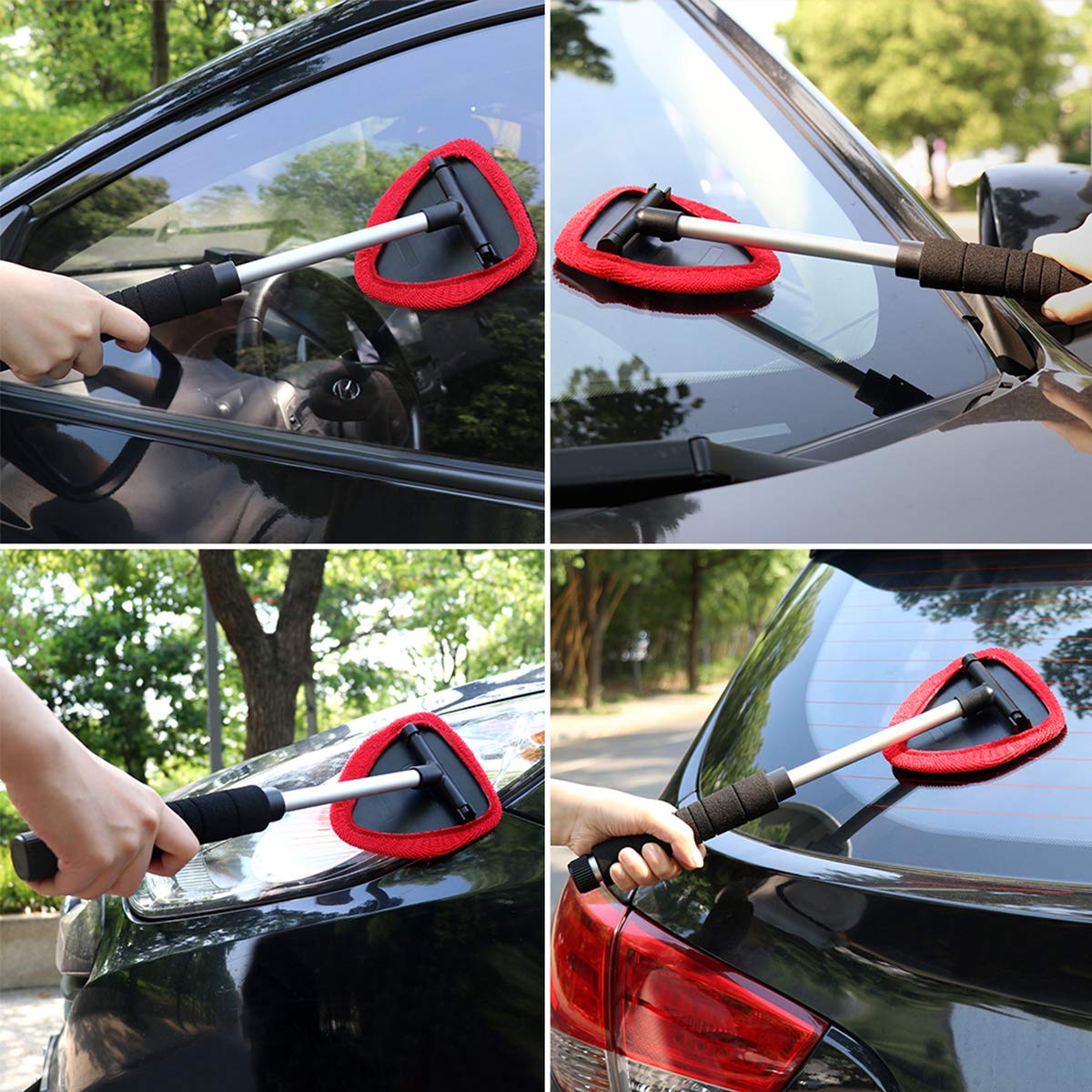 MASO Adjustable Handle Car Windscreen Cleaner - Long Reach Auto Window Glass Cleaning Brush with Microfiber Cloth for Home & Kitchen (Red, 1PCS) - Perfect for Hard-to-Reach Windows and Windshields