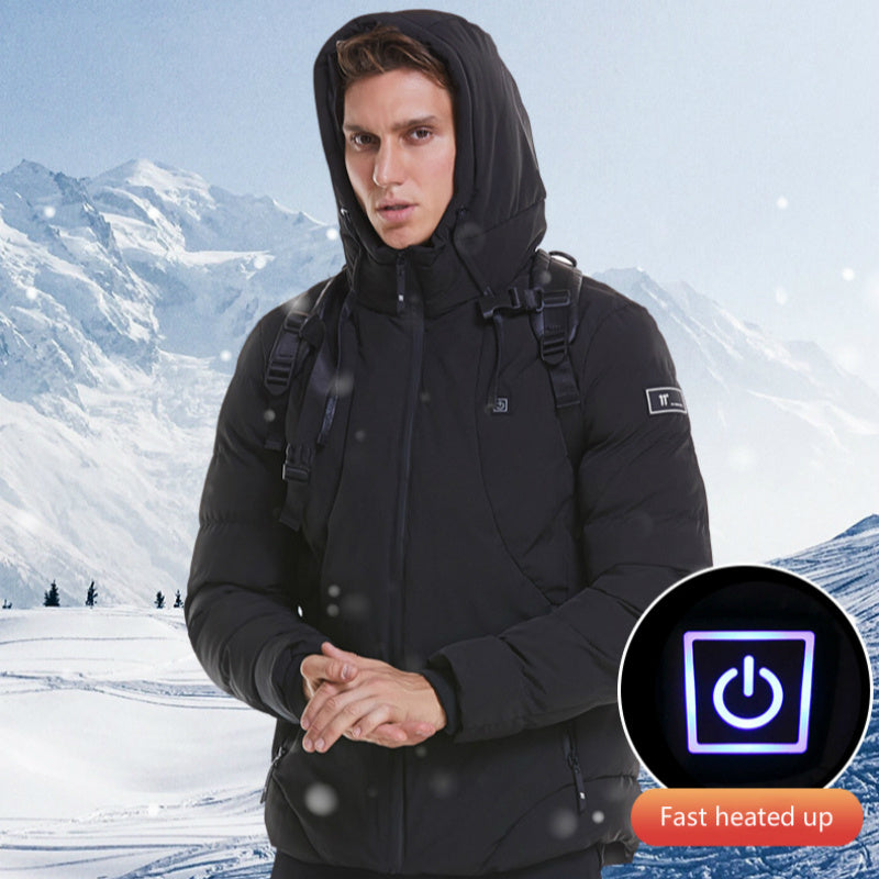 USB Heated Down Jacket - Smart Electric Winter Coat with Hood, Thicken Warm for Outdoor Hiking & Skiing - Large Size Available - Perfect for Cold Weather Adventures and Winter Sports