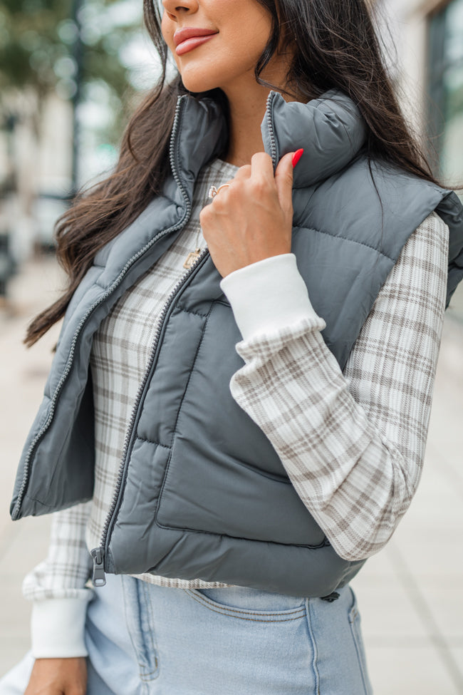 Women's Slate Cropped Puffer Vest - Lightweight Quilted Winter Jacket for Outdoor Activities, Travel & Casual Wear | FINAL SALE