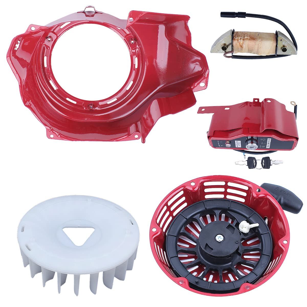 Honda GX340 GX390 11HP 13HP Engine Ignition Switch Recoil Starter Shroud Cooling Fan Cover with Flywheel Fan & Charg Coil (19610-ZE3-700ZB, 19511-ZE3-000) - Replacement Part for Small Engine Repair & Maintenance