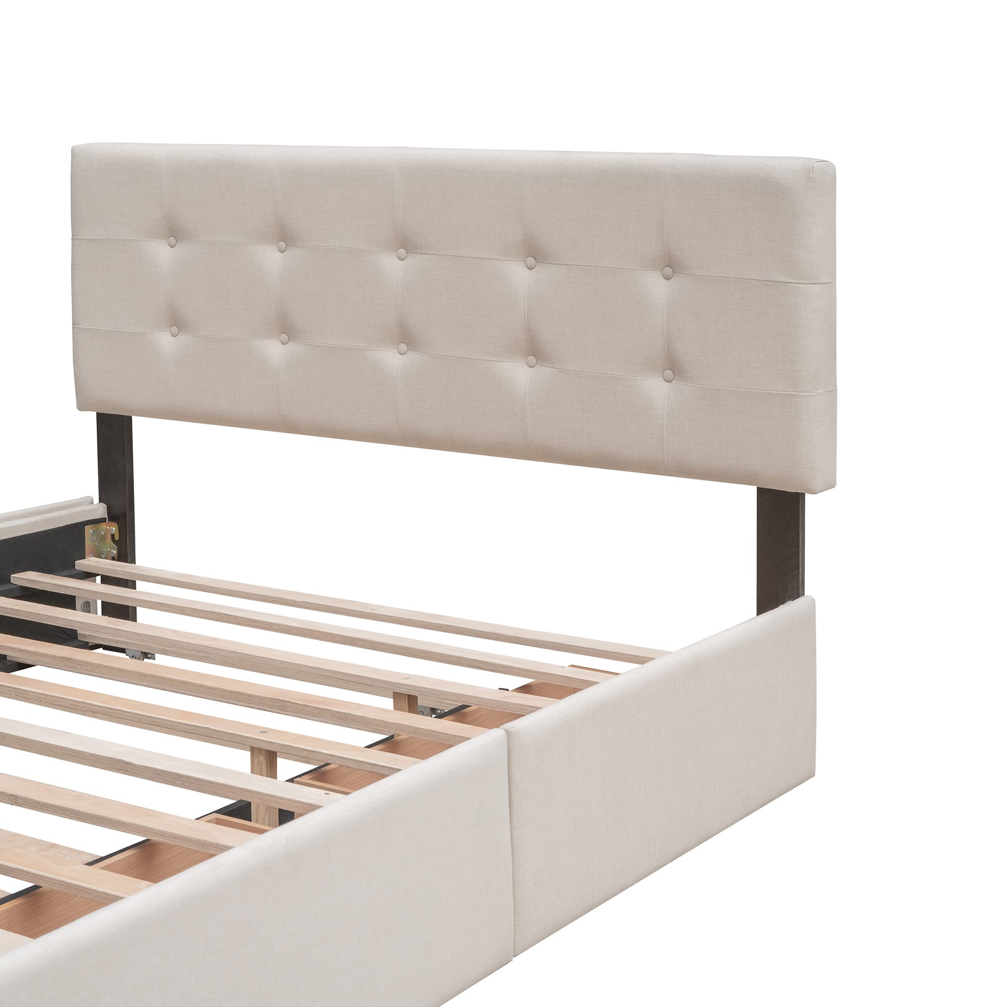 Queen Size Upholstered Platform Bed with Storage Drawers & Twin XL Trundle - Wooden Frame, Button Tufted Headboard in Beige - Perfect for Small Bedrooms, Guest Rooms & Space-Saving Solutions