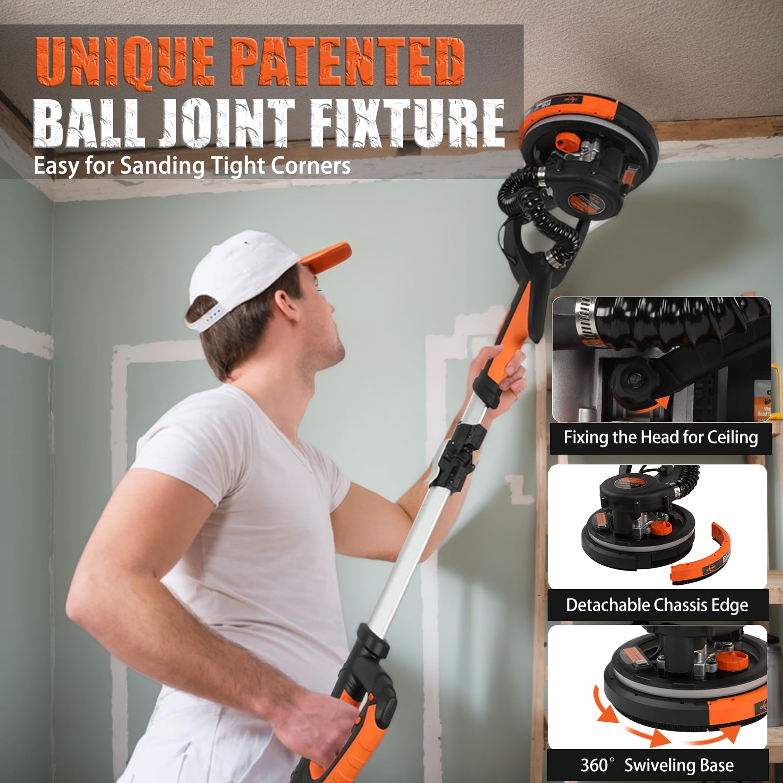 780W Electric Drywall Sander with Vacuum Dust Collection - 7-Speed Adjustable Power Sander for Walls, Ceilings & Floors - LED Light for Popcorn Ceiling Removal - Perfect for Home Renovation & Professional Construction Projects