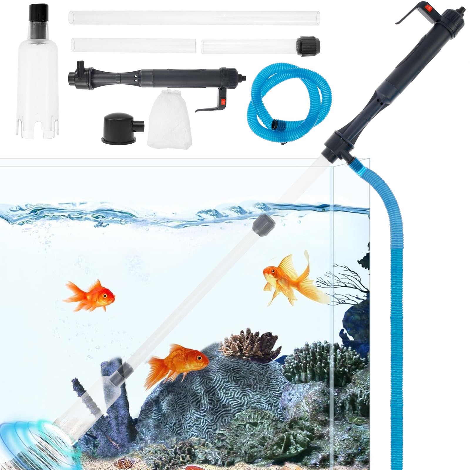 4-in-1 Electric Aquarium Gravel Cleaner & Water Changer - Powerful Siphon Vacuum Pump for Fish Tank Maintenance, Sand Washing & Quick Water Replacement - Perfect for Freshwater & Saltwater Tanks, Home & Office Aquariums