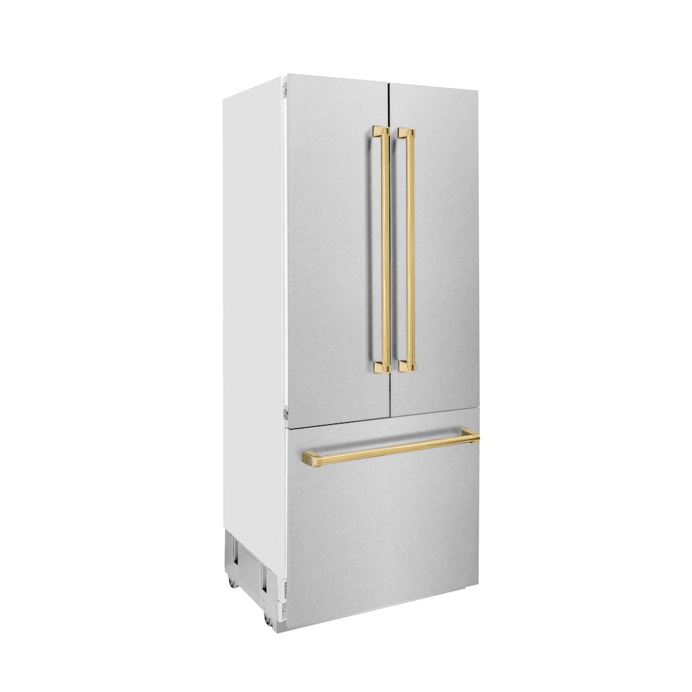 ZLINE Autograph Edition 36 Inch French Door Built-In Refrigerator with Bottom Freezer - 19.6 cu.ft Capacity, Water Dispenser & Ice Maker - Satin Stainless Steel with Polished Gold Accents (RBIVZ SN 36 G) - Perfect for Modern Kitchens & Luxury Homes