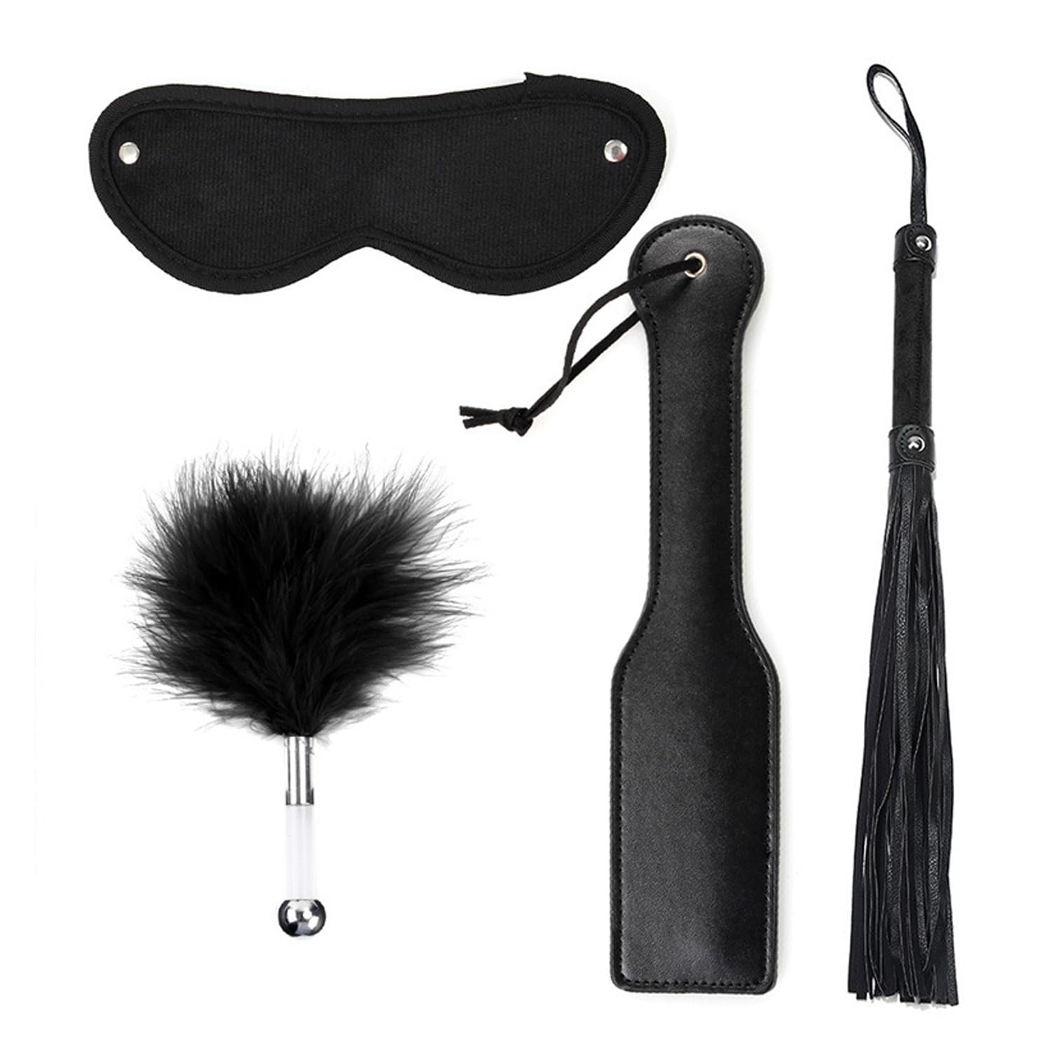 4Pcs Leather Bondage Paddle Set - Feather Whip & Spanking Paddle for Couples Role Play, BDSM Accessories, Restraint Flogger for Sensual Play (Black) - Perfect for Bedroom Fun, Adult Games & Intimate Exploration