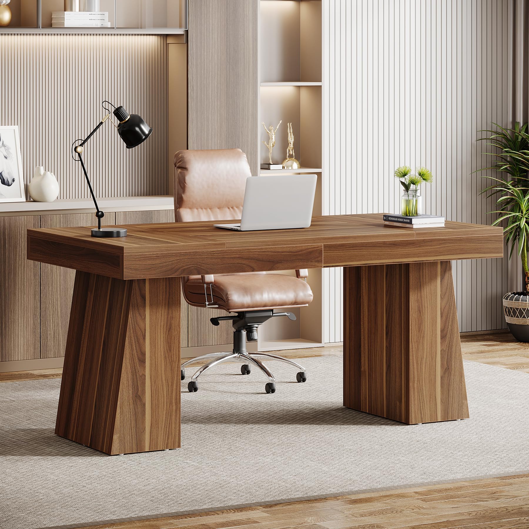 Tribesigns 55 Inch Modern Executive Desk - Mid-Century Style Home Office Desk with Double Trapezoid Base, Wooden Computer Workstation for Business & Study - Perfect for Small Office, Home Office & Conference Room (Brown)