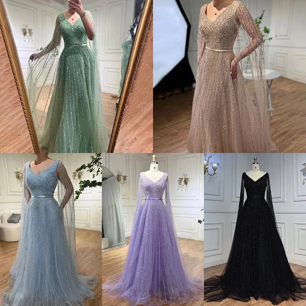 Elegant Beaded A-Line Dubai Evening Gown with Cape Sleeves - Luxury 2025 Celebrity Party Dress for Women - Perfect for Red Carpet Events, Galas, and Formal Occasions