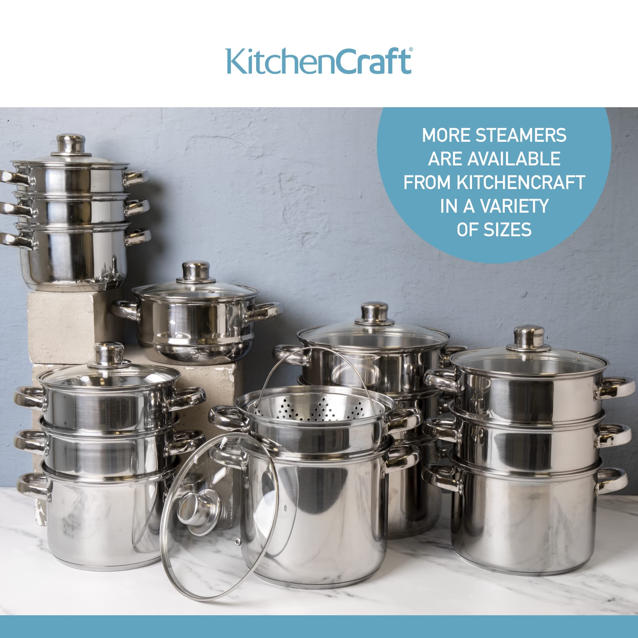 KitchenCraft 3-Tier Stainless Steel Food Steamer & Stock Pot (18cm) - Induction Safe, Includes Gift Box - Perfect for Healthy Cooking, Meal Prep & Family Dinners
