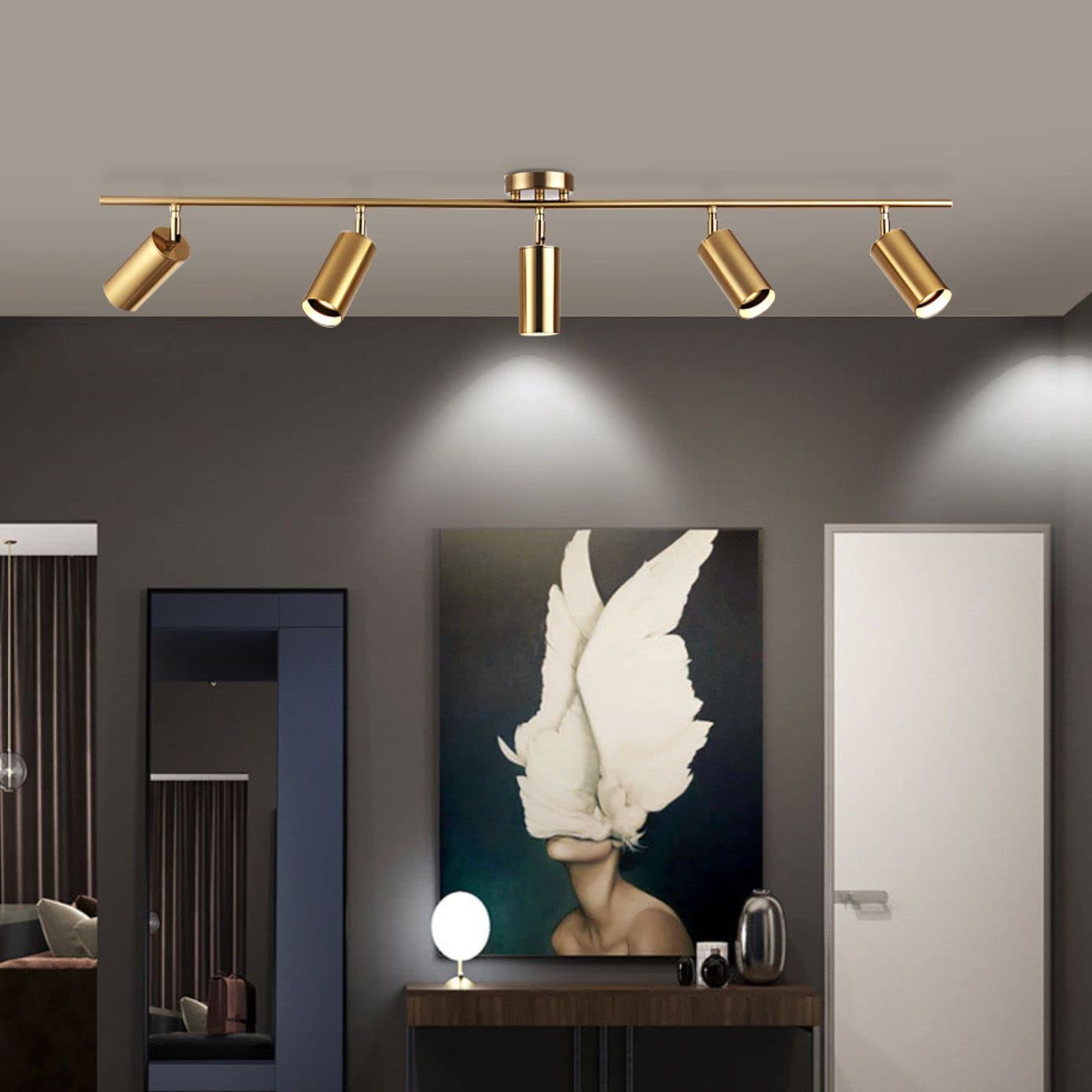 KCO Lighting Modern 5-Lights LED Track Lighting Kit - Brushed Brass Adjustable Flush Mount Ceiling Spotlights for Kitchen, Dining Room & Living Room - Mid Century Gold Light Fixture (5 Lights) - Perfect for Task Lighting and Accent Illumination