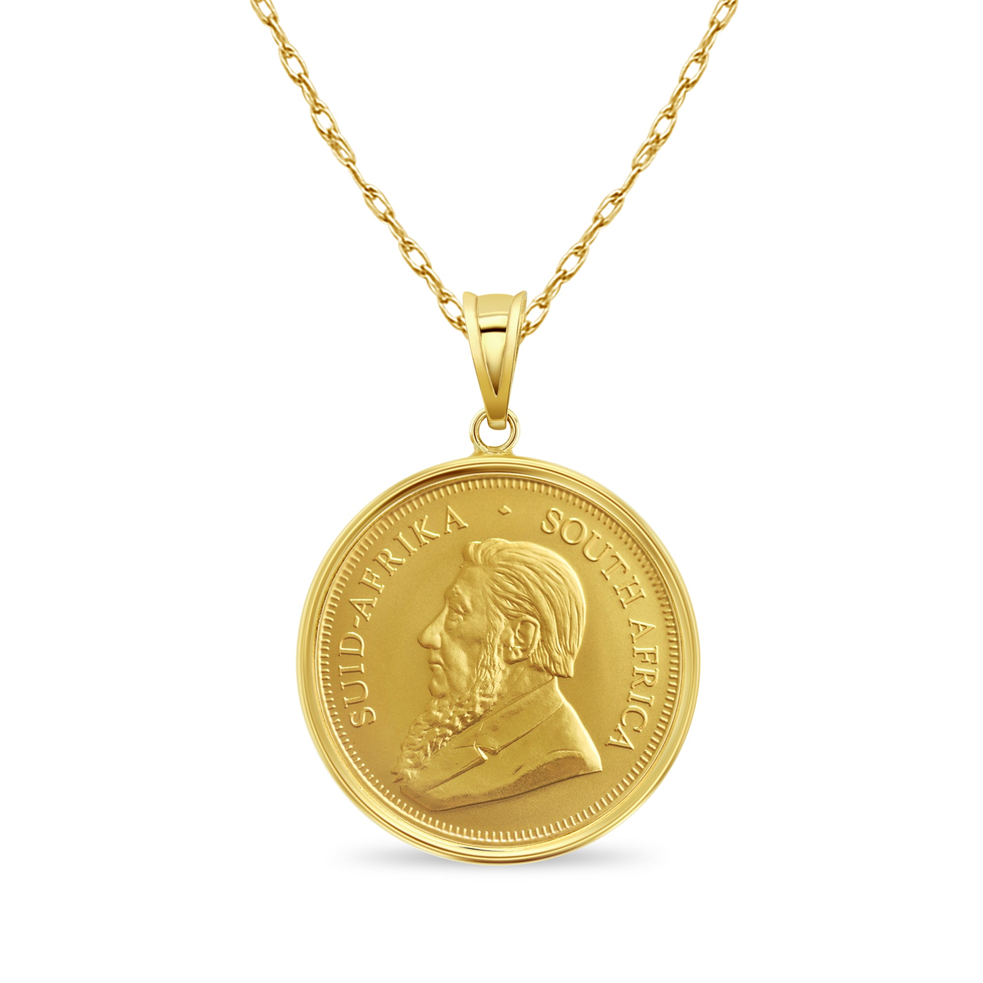 1OZ Fine Gold South African Krugerrand Coin Necklace with Polished Bezel - Elegant Jewelry for Gifts, Special Occasions & Investment Collection