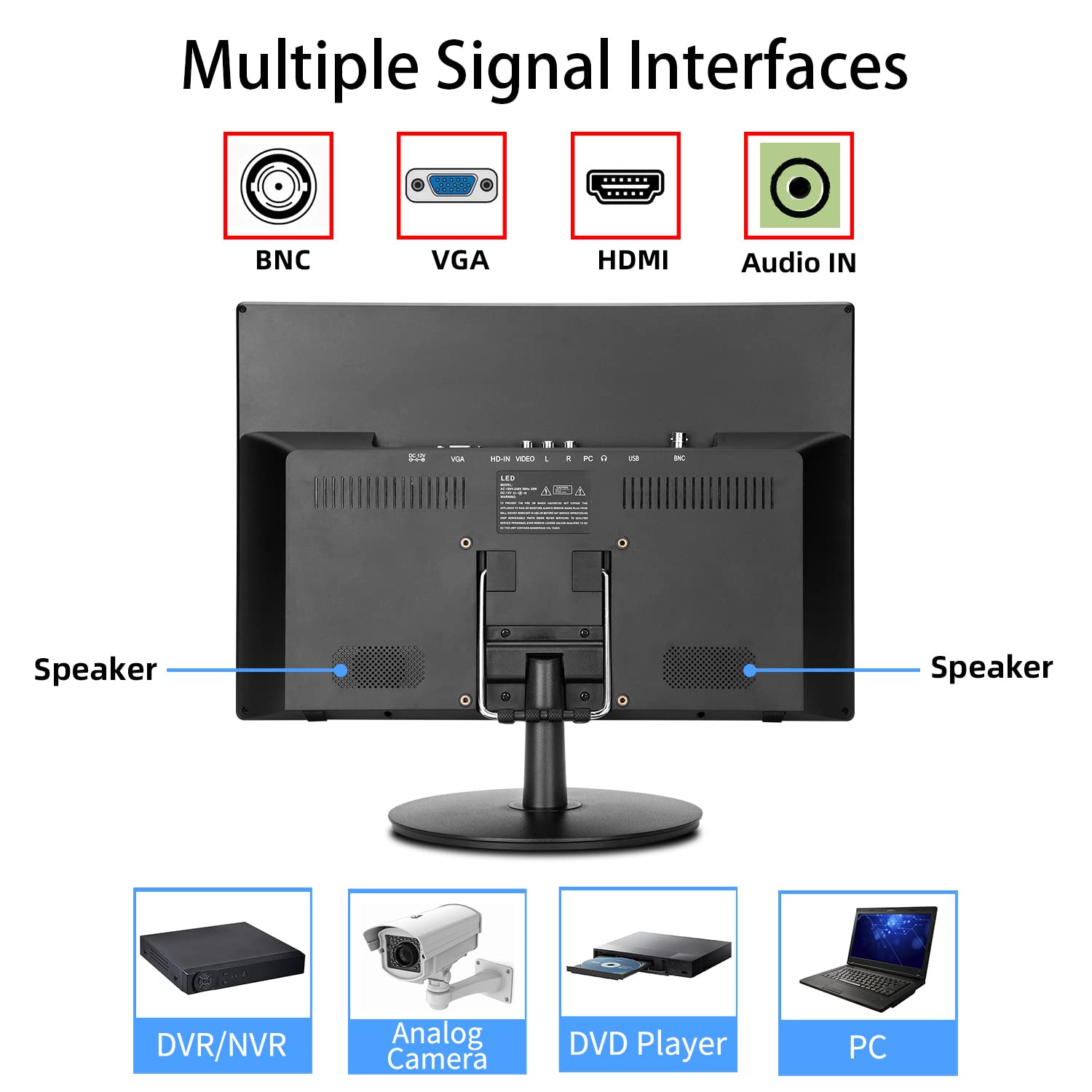 17 Inch Security Monitor with Wall Mount - Full HD CCTV Display with USB, AV, HDMI, VGA Inputs & Headphone Output - Built-in Speakers & Remote Control - Ideal for Home Surveillance, Office Security & Retail Monitoring Systems