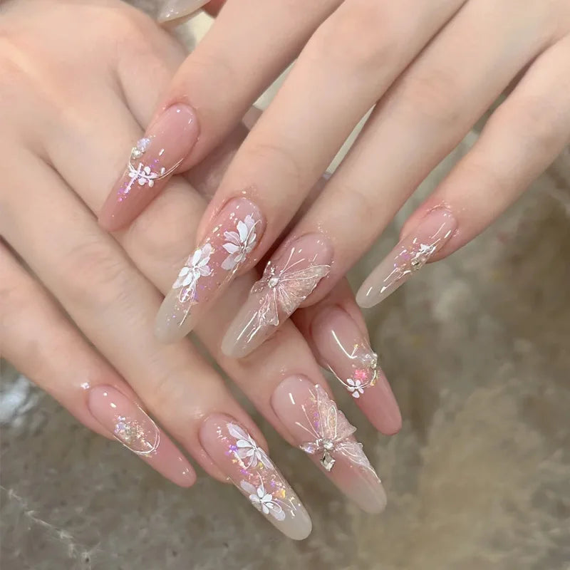 24Pcs Long Press on Nails with Gradient & Butterfly Rhinestone Design - Full Cover Detachable Fake Nails for Women - Oval Shaped Fashion Nail Tips for Parties, Weddings & Special Occasions