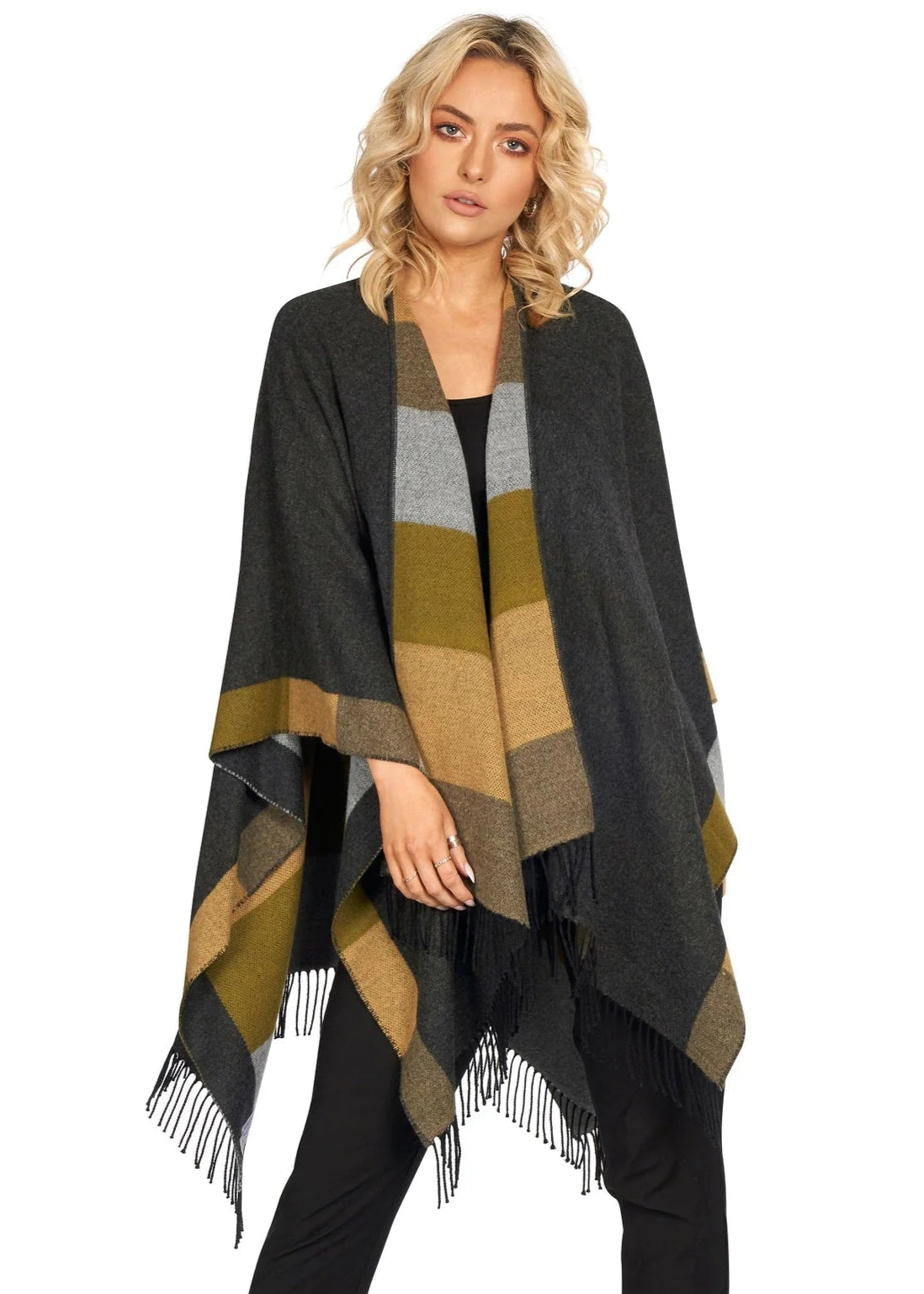 Jimmy Hourihan Fringed Shawl with Colorful Bands - Elegant Womens Wrap Scarf for Fall Winter Fashion, Parties and Special Occasions