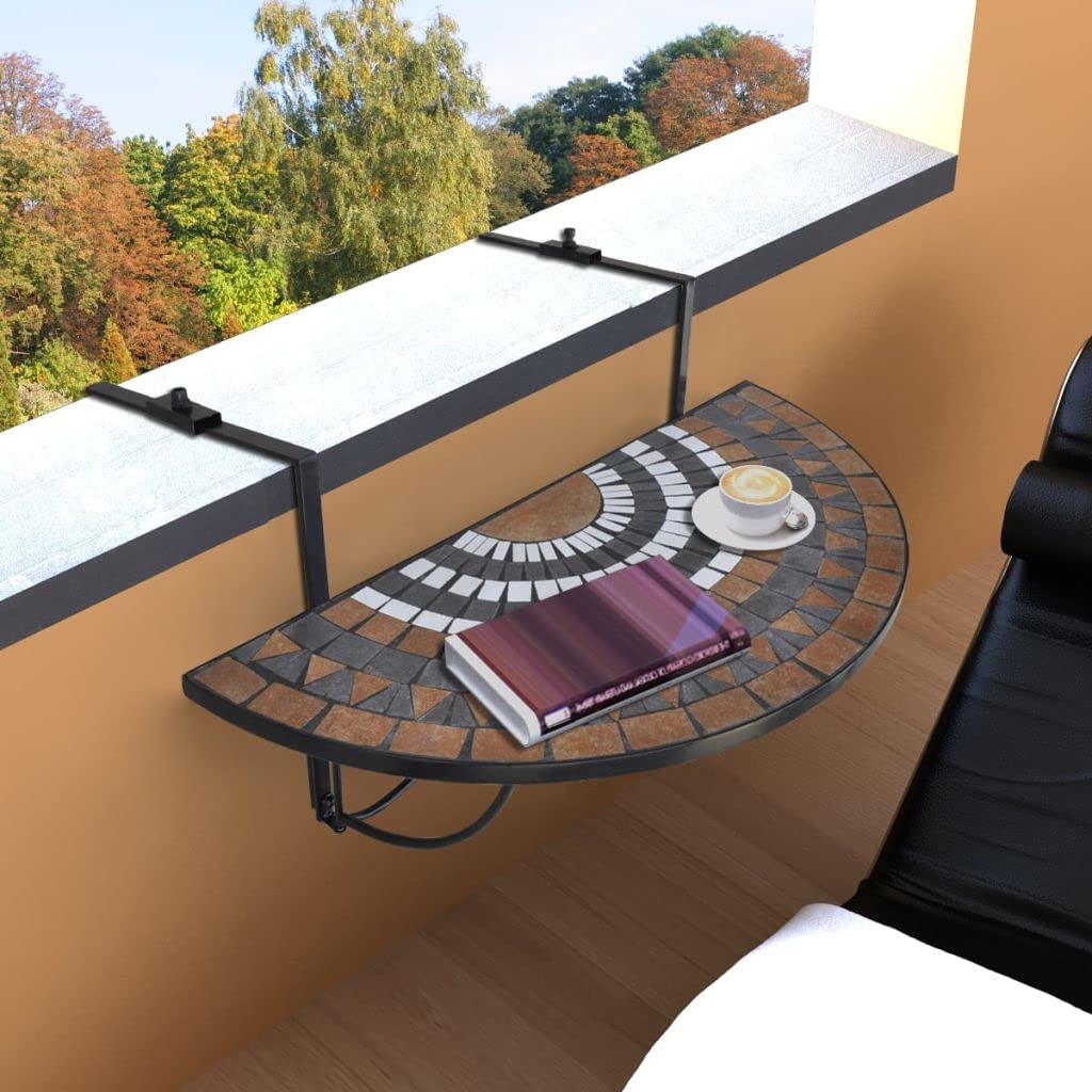 Hanging Balcony Table - Terracotta & White Mosaic Patio Table for Outdoor Decor, Plant Stand - Perfect for Small Spaces, Balconies, Gardens & Patios