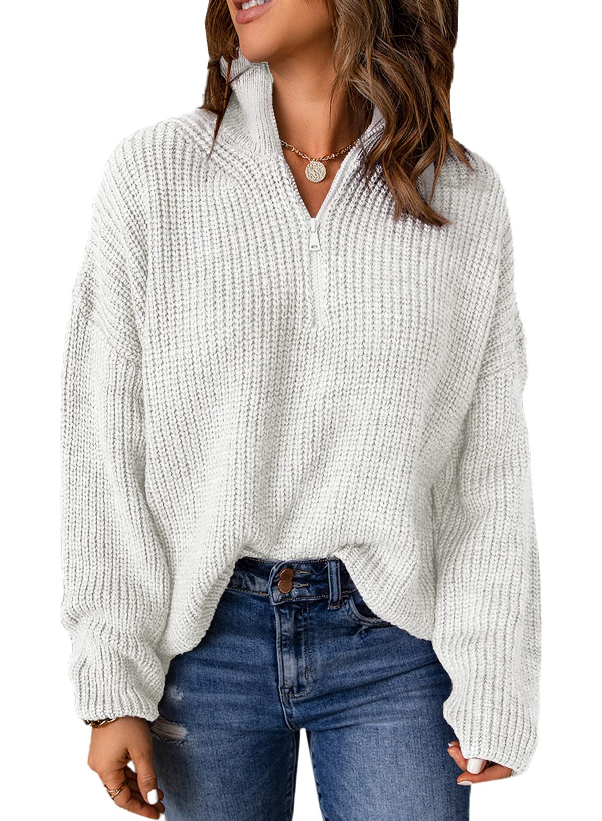 EVALESS Women's Waffle Knit Long Sleeve Quarter Zip Pullover Polo V-Neck Sweater - Soft Casual Loungewear for Work, Fall & Winter Outfits