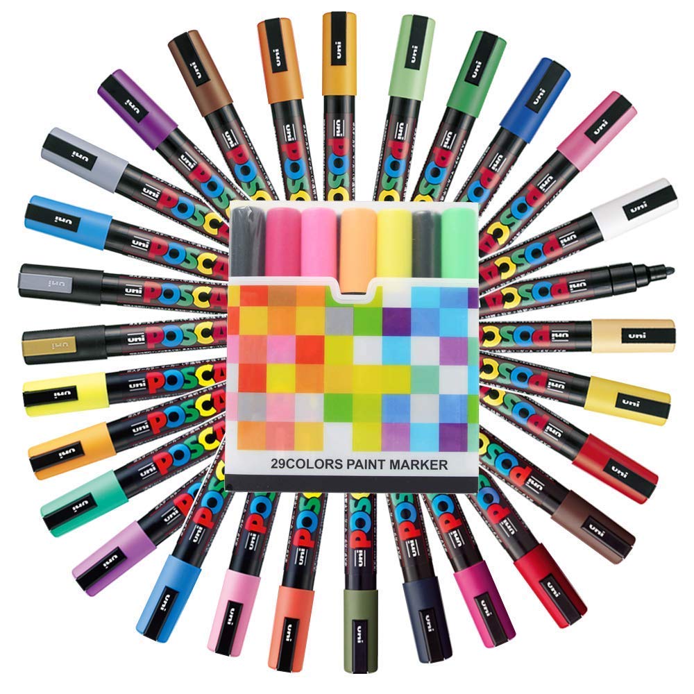 POSCA Uni Paint Marker Pen Set - 74 Vibrant Colors (PC-5M Medium, PC-3M Fine, PC-1M Extra Fine Points) with Original Plastic Case - Perfect for Artists, DIY Projects, Sketching & Crafting