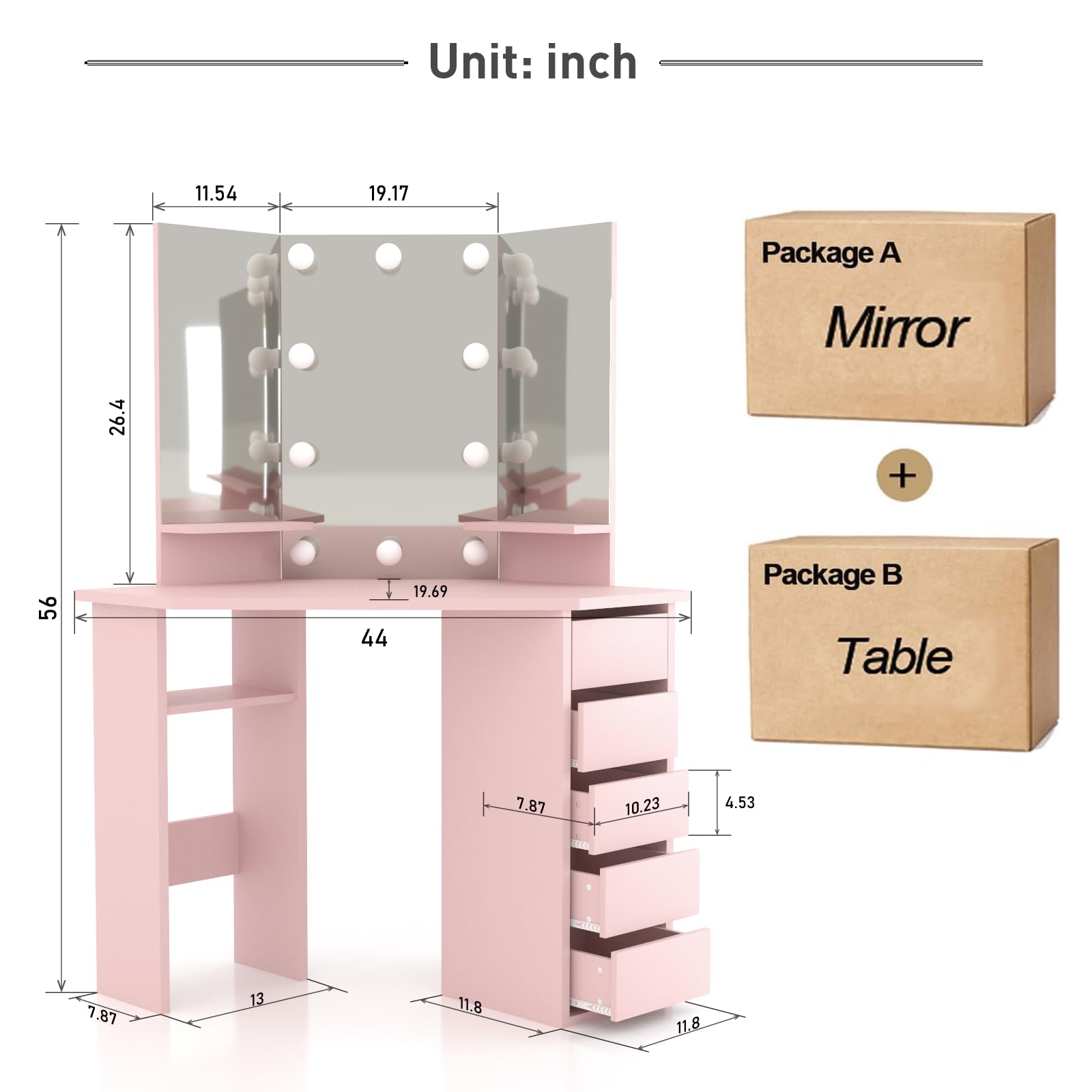 Likein Corner Vanity Desk with Drawers & LED Mirror - Small Pink Makeup Table with Lights for Women & Girls | Perfect for Bedroom, Dorm Room & Apartment Beauty Space