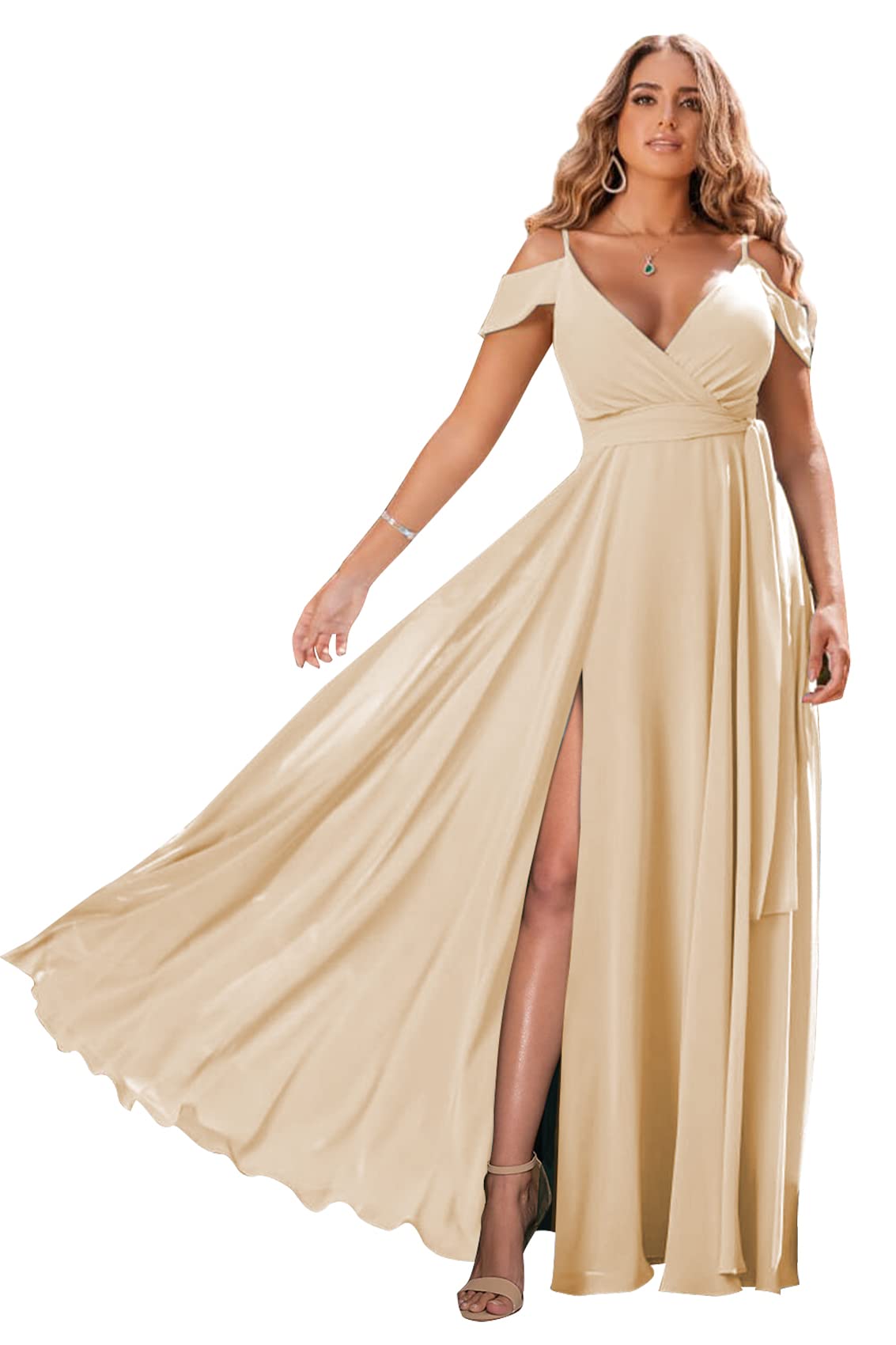 Zoghoo Women's V-Neck Long Sleeve Bridesmaid Dress with Thigh High Slit - Off Shoulder Formal Gown for Wedding Guest, Prom, Evening Party - Champagne Color Size 16