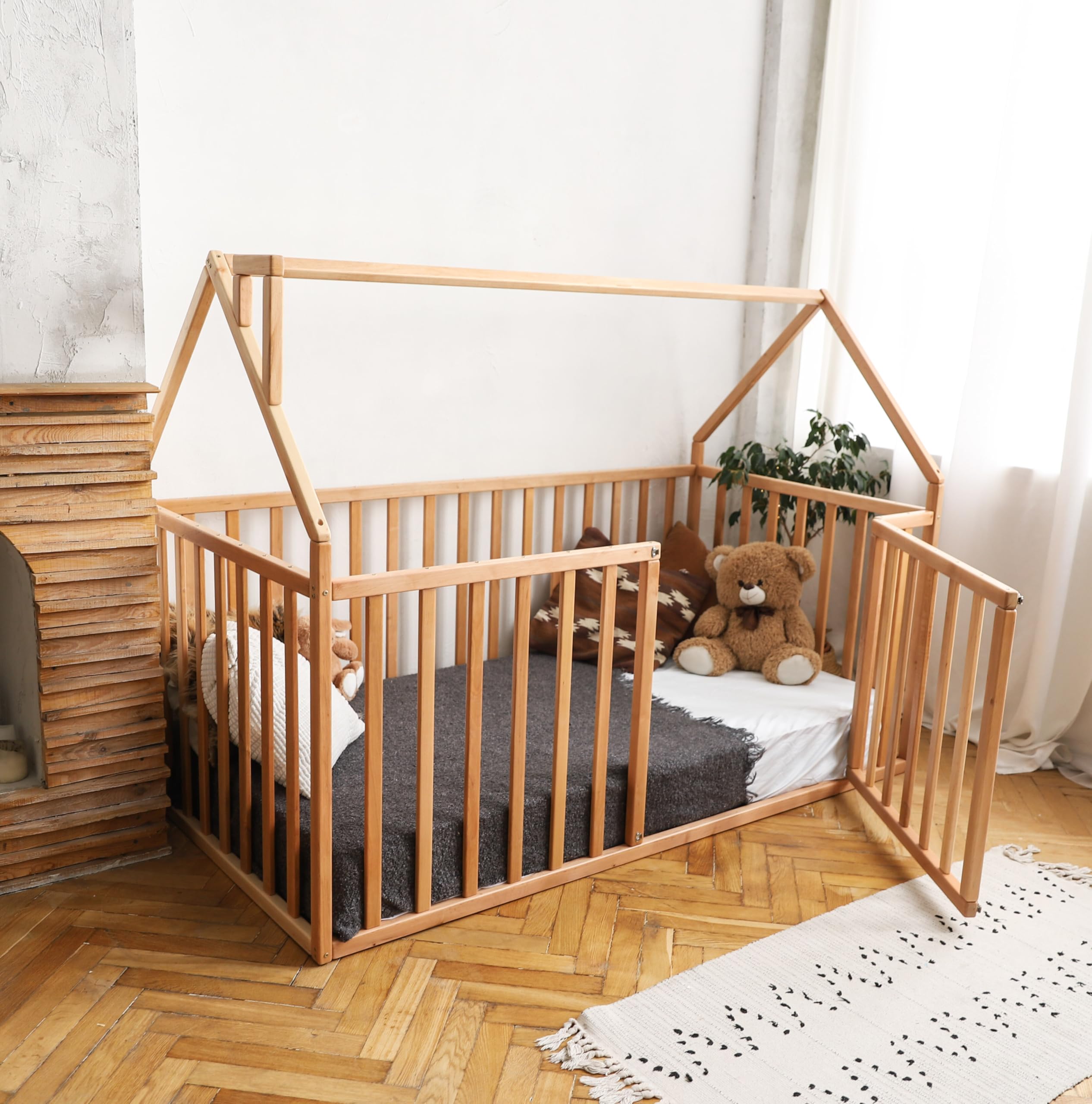 Montessori Floor Bed for Toddlers - Full & Queen Size Toddler Bed with Safety Rails - Solid Wood Frame - Kids Room, Daycare, Nursery - Model 21