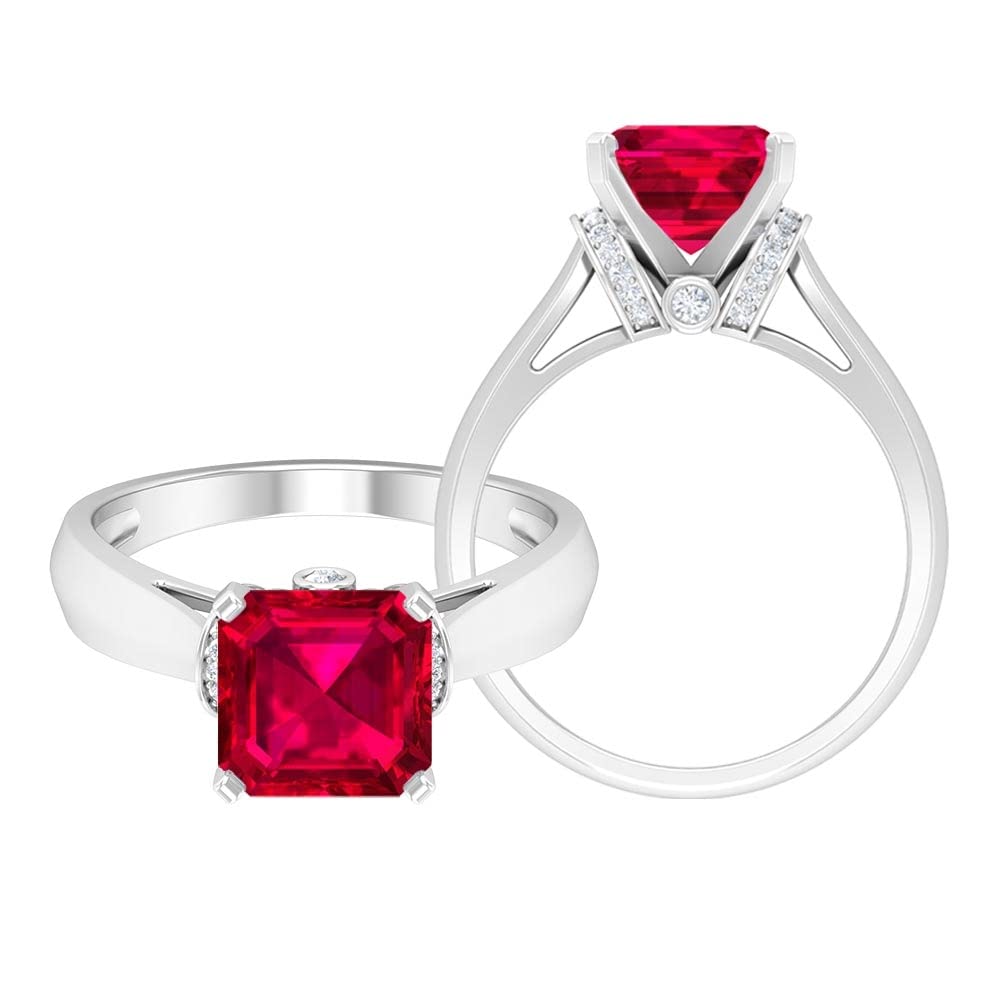8MM Lab Created Ruby Solitaire Ring with Moissanite Collar - 14K Solid Gold Asscher Cut Engagement Ring for Women | Perfect for Weddings, Anniversaries & Special Occasions