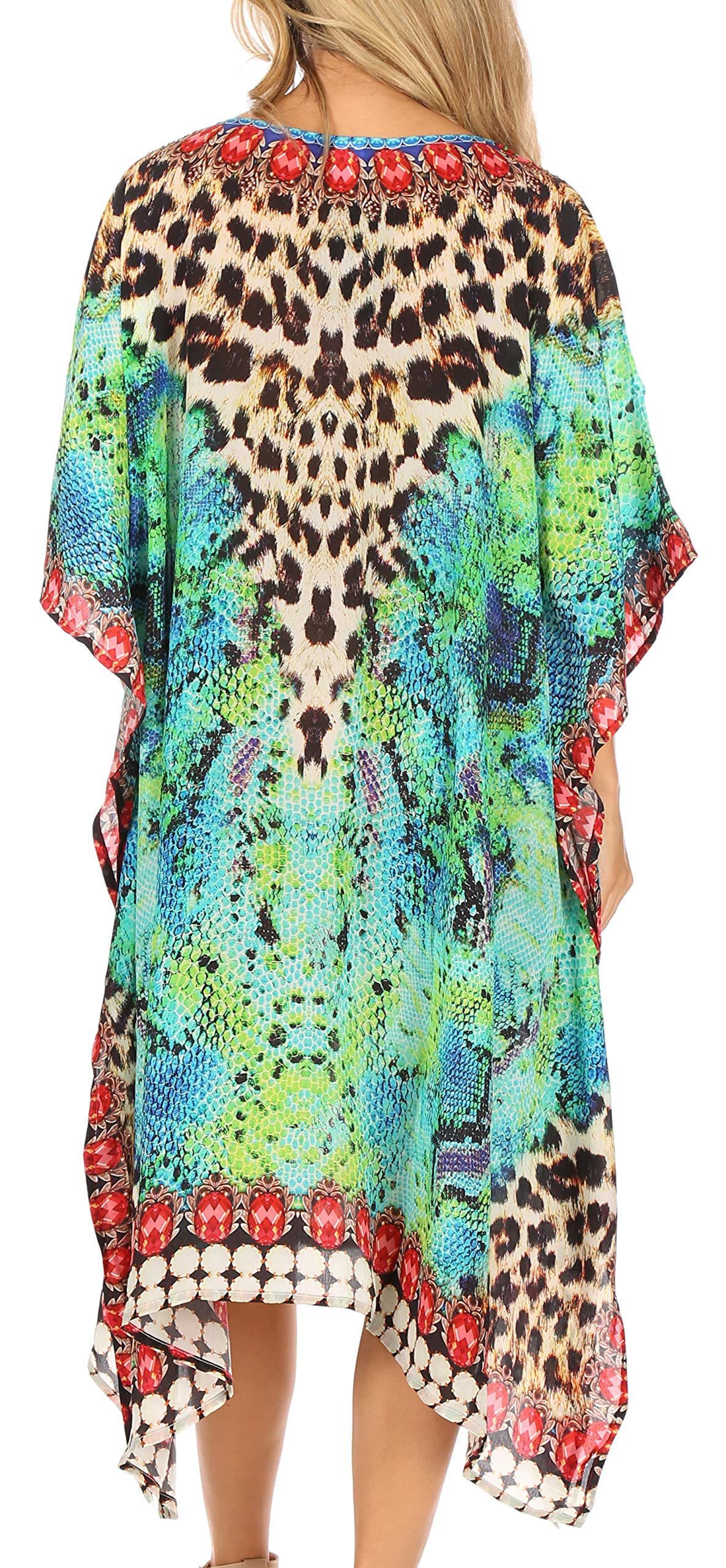 Sakkas Jenni Women's Boho Caftan Dress - Flowy Mid-Length Kaftan with Rhinestone Details for Beach Cover Up, Summer Vacation & Boho Fashion