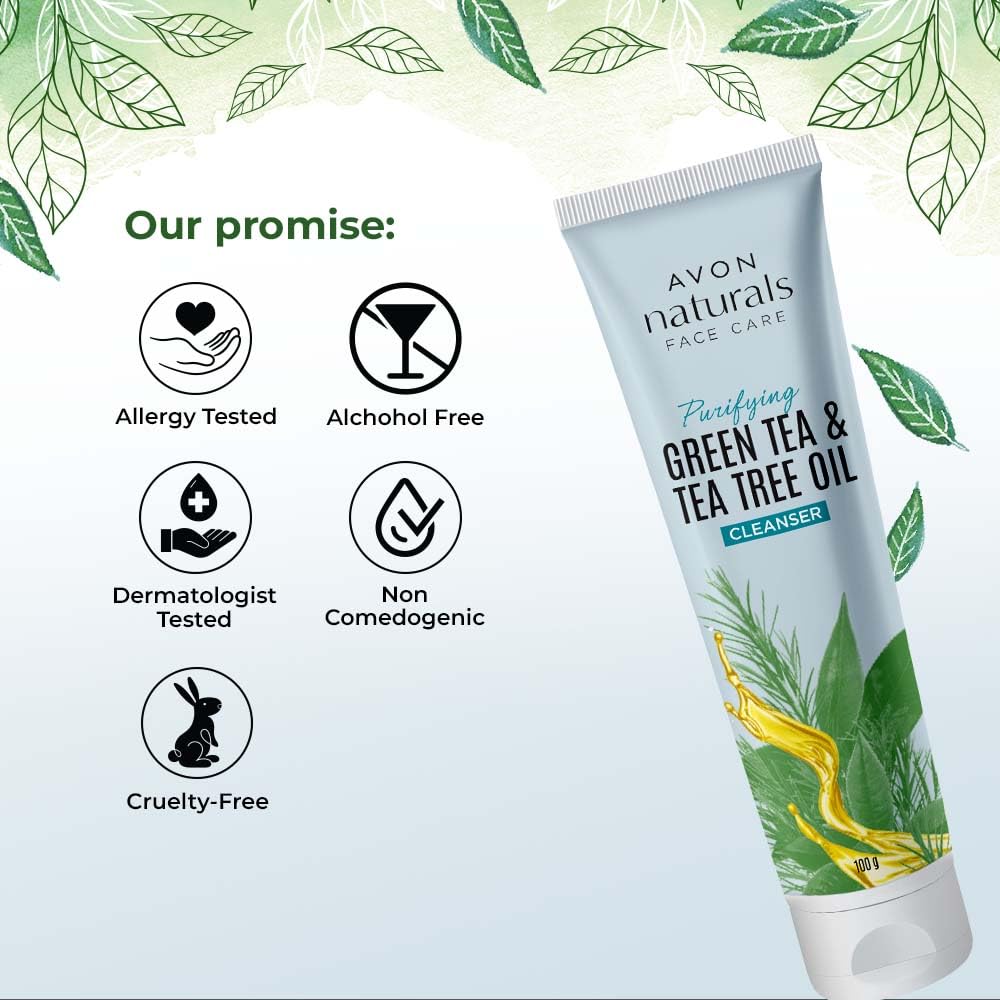 AVON Naturals Green Tea & Tea Tree Oil Facial Cleanser 100g - Deep Cleansing for Acne-Prone & Oily Skin | Gentle Daily Face Wash for Men & Women