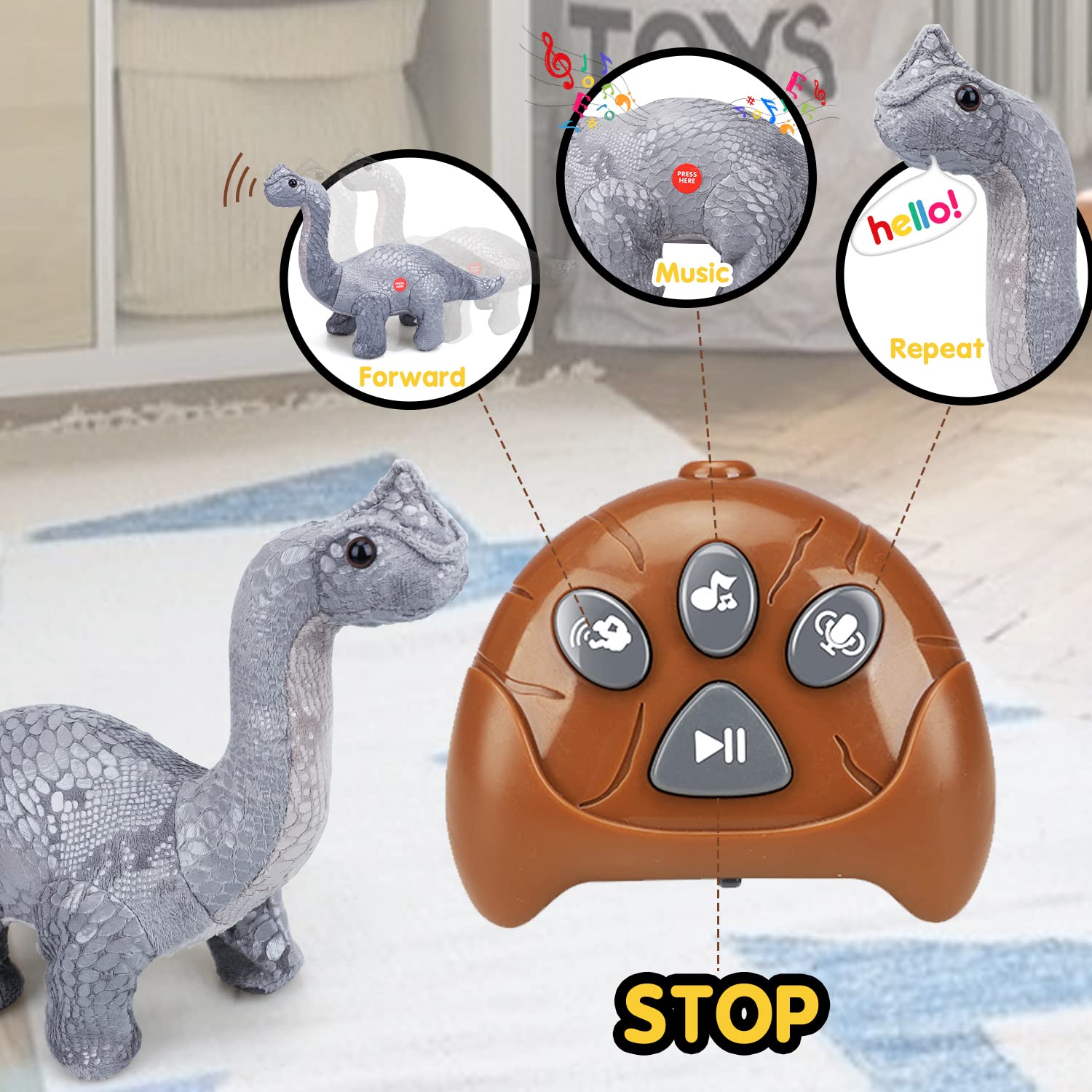 TOY Life Remote Control Dinosaur Toy - Electronic Walking Brontosaurus Plush Stuffed Animal for Kids Ages 3-7 | Fun Interactive RC Dinosaur Gift for Boys & Girls | Perfect for Birthday Parties, Indoor Play & STEM Learning