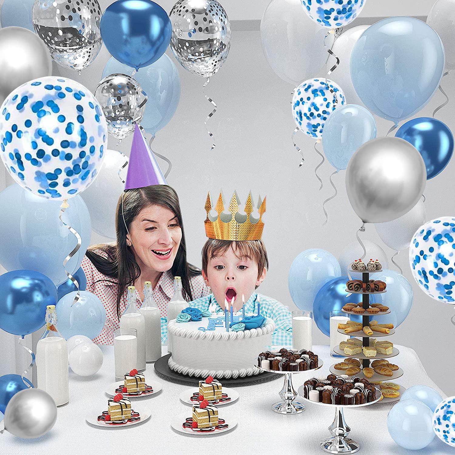 60 PCS Blue Silver White Confetti Balloons 12 Inch - Metallic Party Balloons for Birthday, Baby Shower, Graduation Decorations - Perfect for Indoor & Outdoor Celebrations, Photo Backdrops, and Event Decor