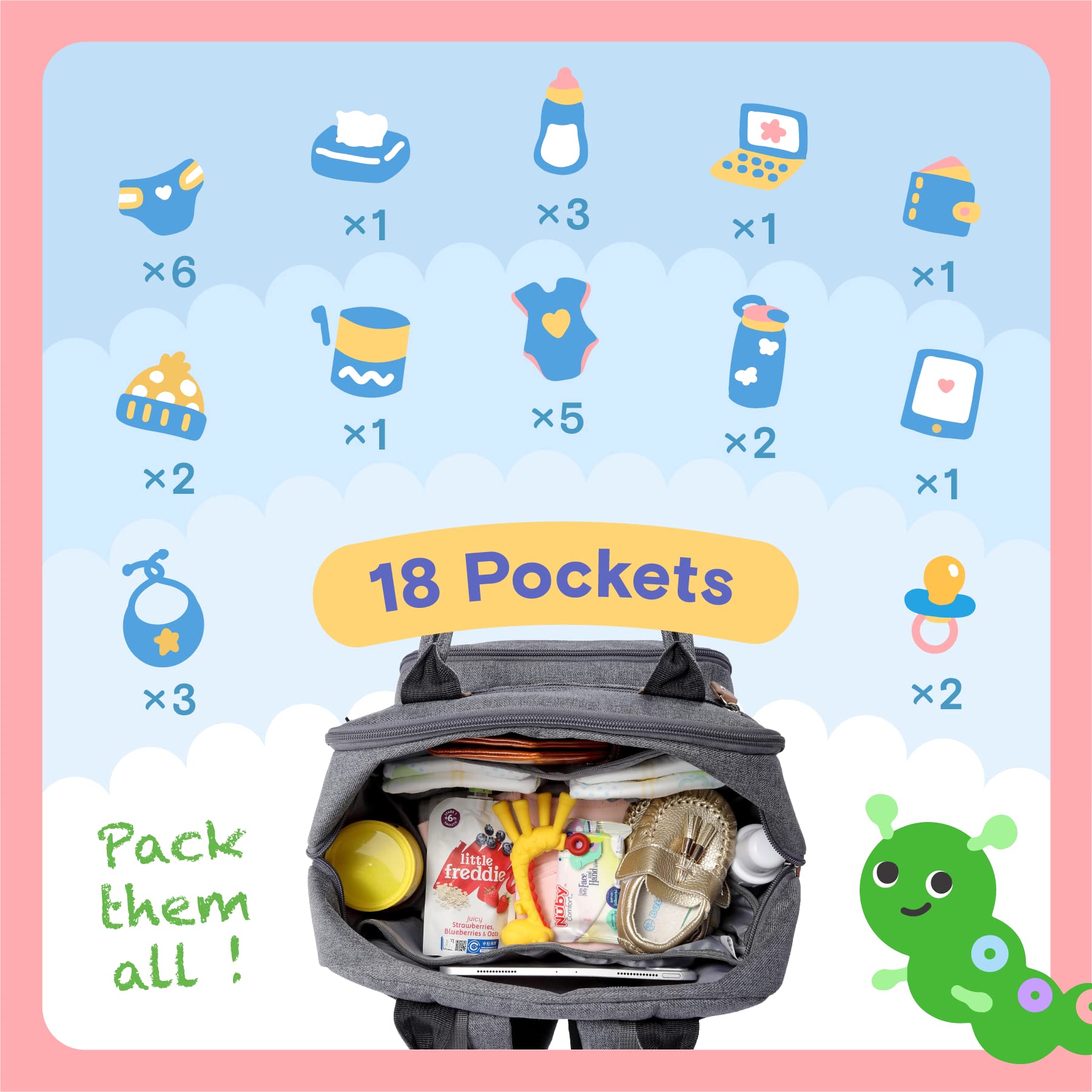 **Iniuniu 4-in-1 Large Unisex Waterproof Diaper Backpack – Baby Travel Bag with Washable Changing Pad, Pacifier Case & Stroller Straps (Gray) – Perfect for Daycare, Travel & On-the-Go Parents**
