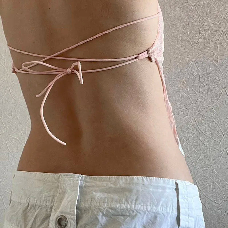 Sexy Pink Lace Backless Halter Top - Y2K Transparent Tie-Up Camisole for Summer & Party | Cute Coquette Style for Club, Date Night & Beach Outfits