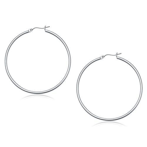 14K White Gold Polished Hoop Earrings - 50mm Diamond-Cut Classic Hoops for Women | Perfect for Everyday Wear, Parties & Special Occasions